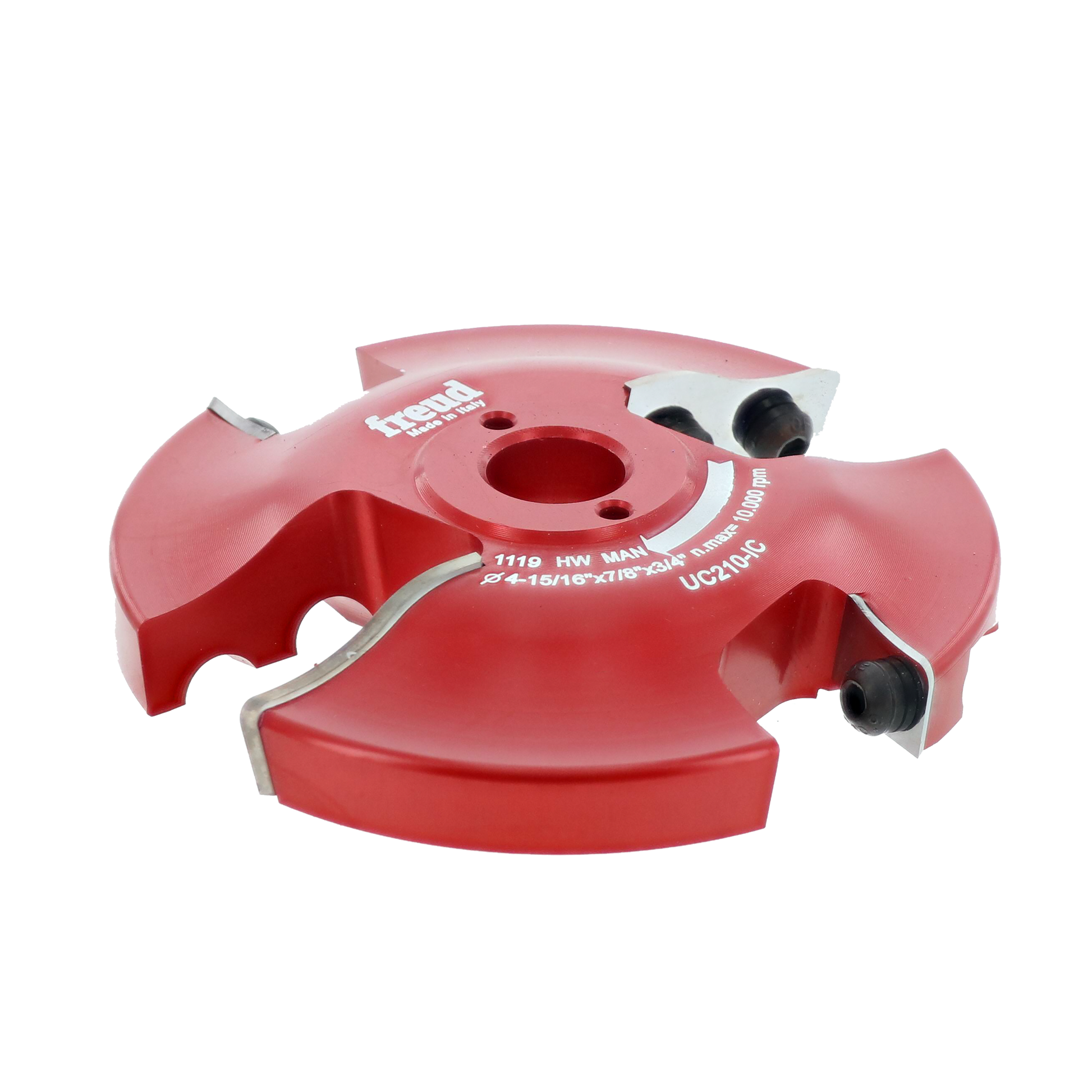Red and white Freud UC210-IC router bit cutter head with curved cutting edges and adjustment screws.