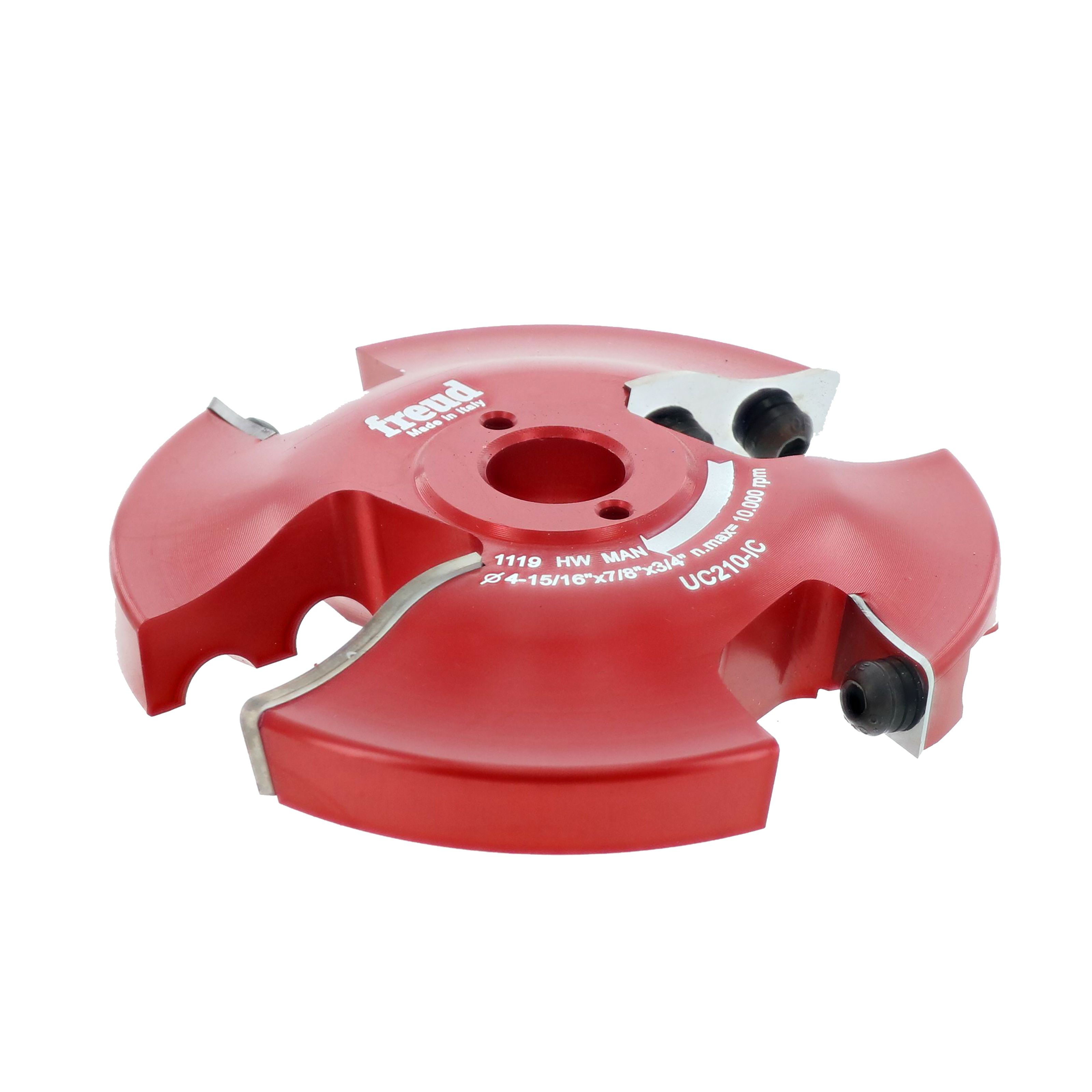 Red and white Freud UC210-IC router bit cutter head with curved cutting edges and adjustment screws.