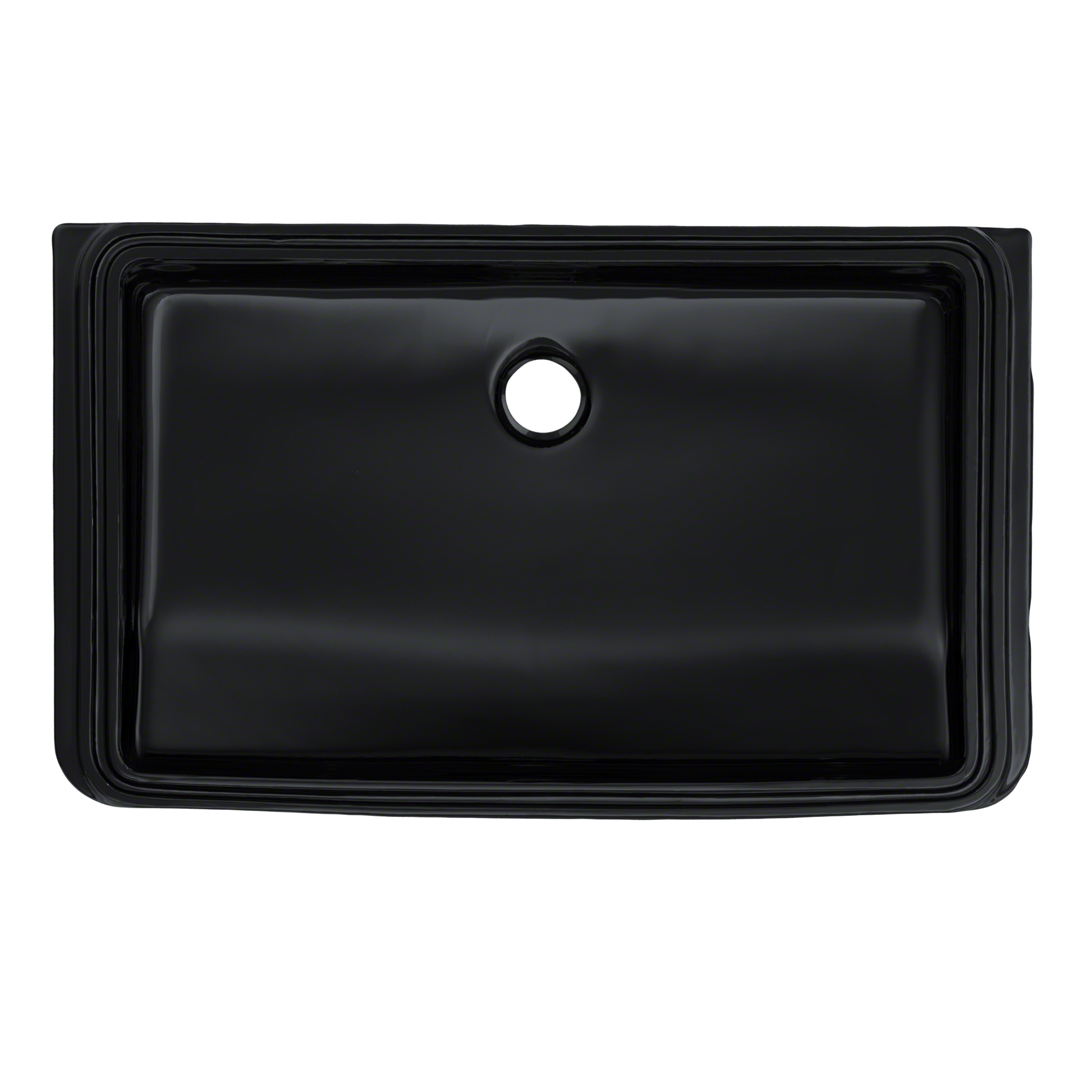 Ebony black rectangular undermount bathroom sink with single faucet hole and rounded edges, viewed from above.
