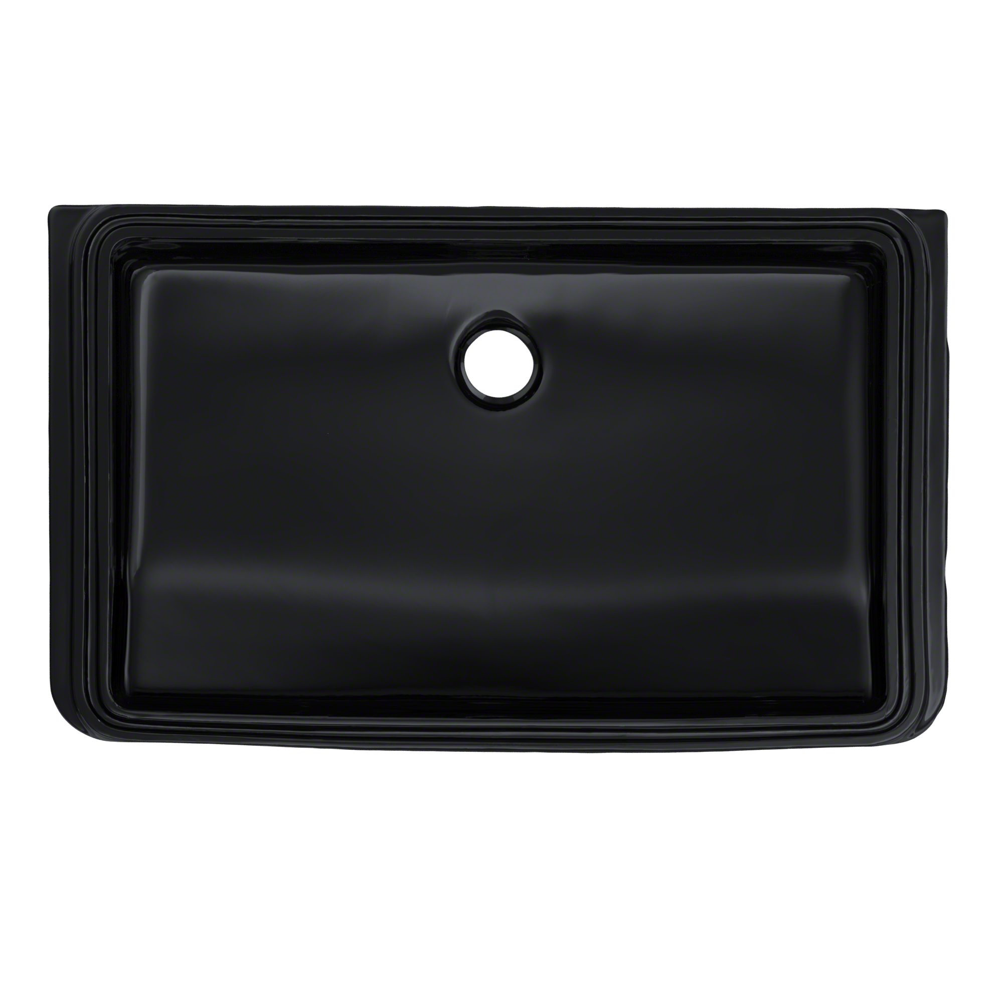 Ebony black rectangular undermount bathroom sink with single faucet hole and rounded edges, viewed from above.