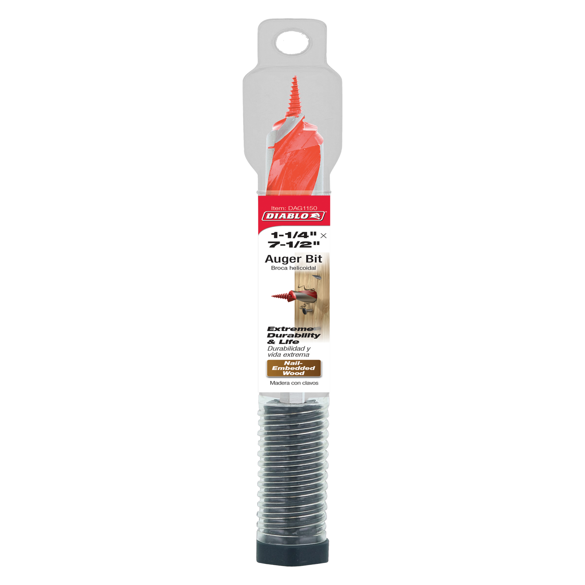 Diablo auger bit with red cutting head, spiral flutes, and threaded shank in clear packaging.
