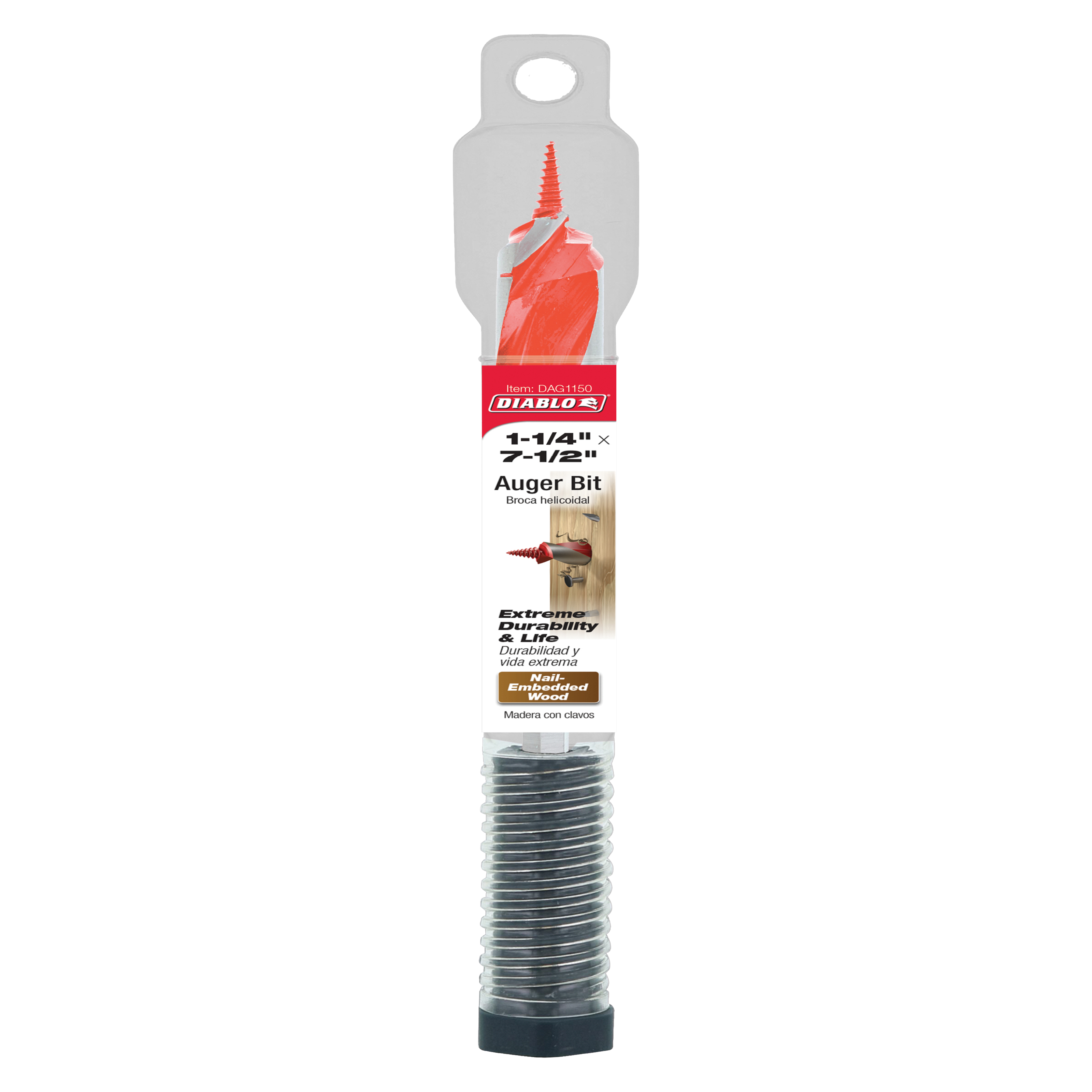 Diablo auger bit with red cutting head, spiral flutes, and threaded shank in clear packaging.