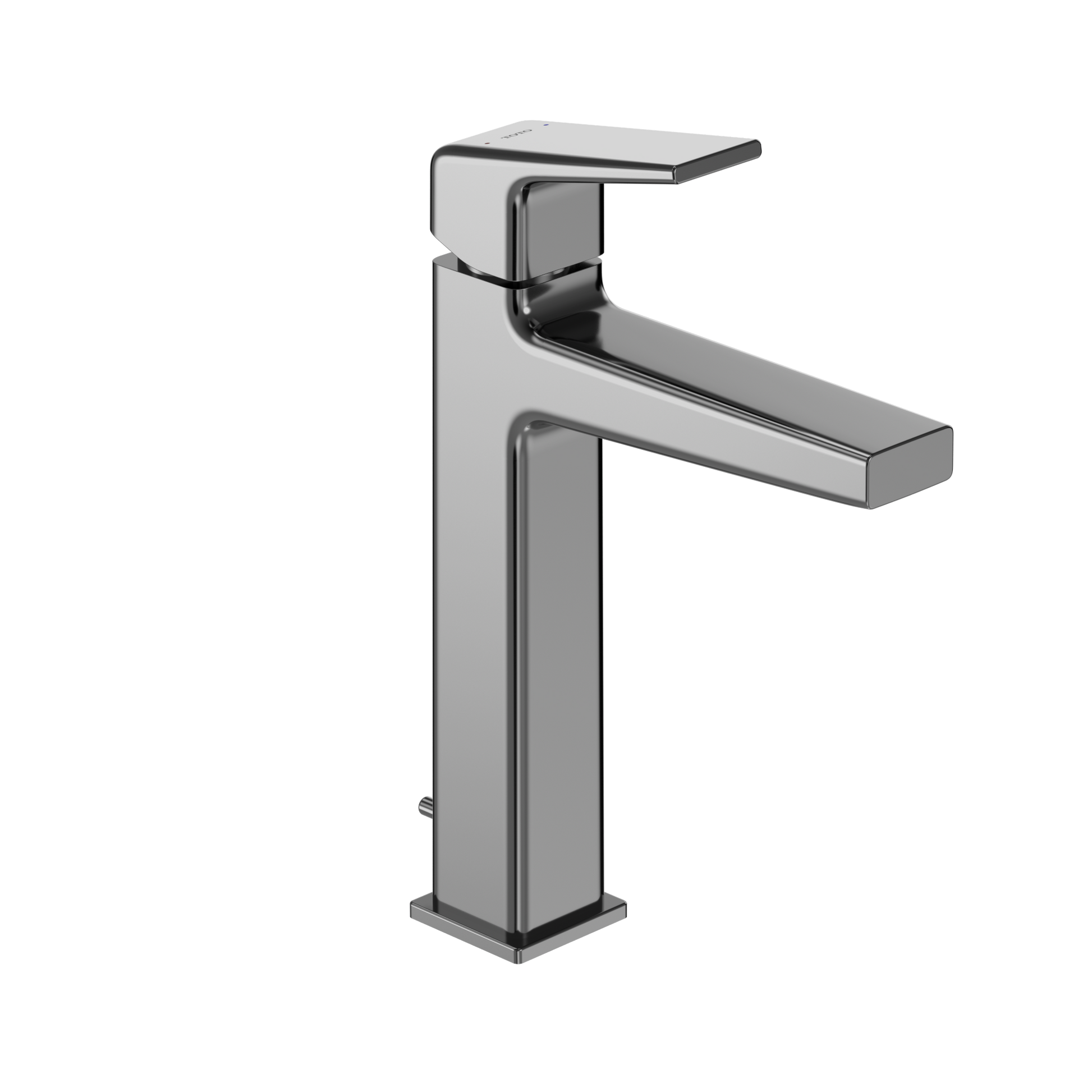 Polished chrome single-handle bathroom sink faucet with tall squared base, angled spout, and lever handle.