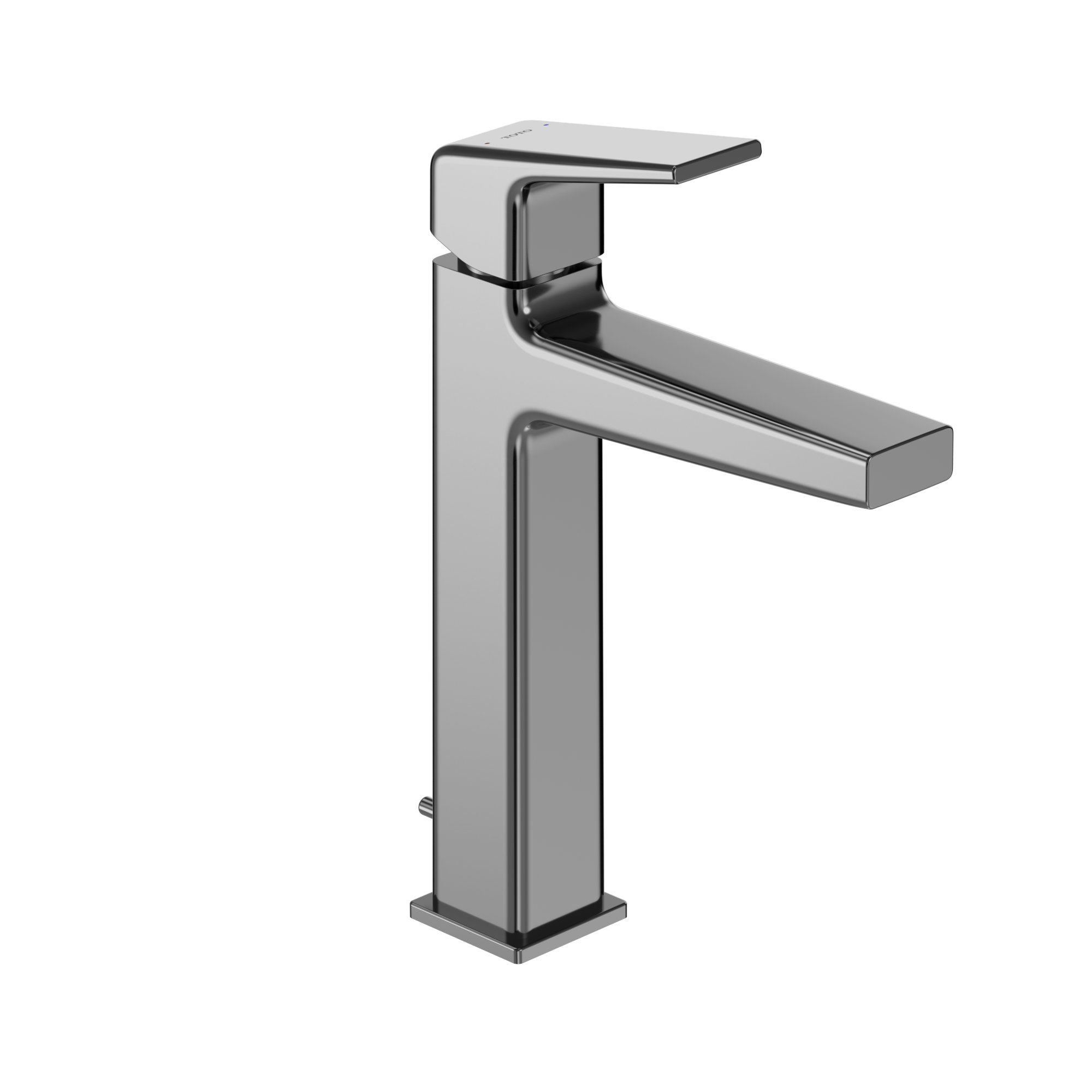 Polished chrome single-handle bathroom sink faucet with tall squared base, angled spout, and lever handle.