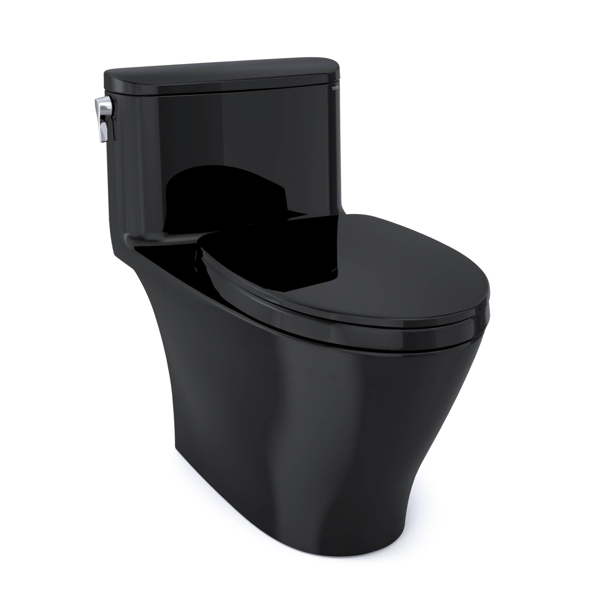 Ebony one-piece elongated toilet with soft-close seat, integrated tank, and control panel on side.