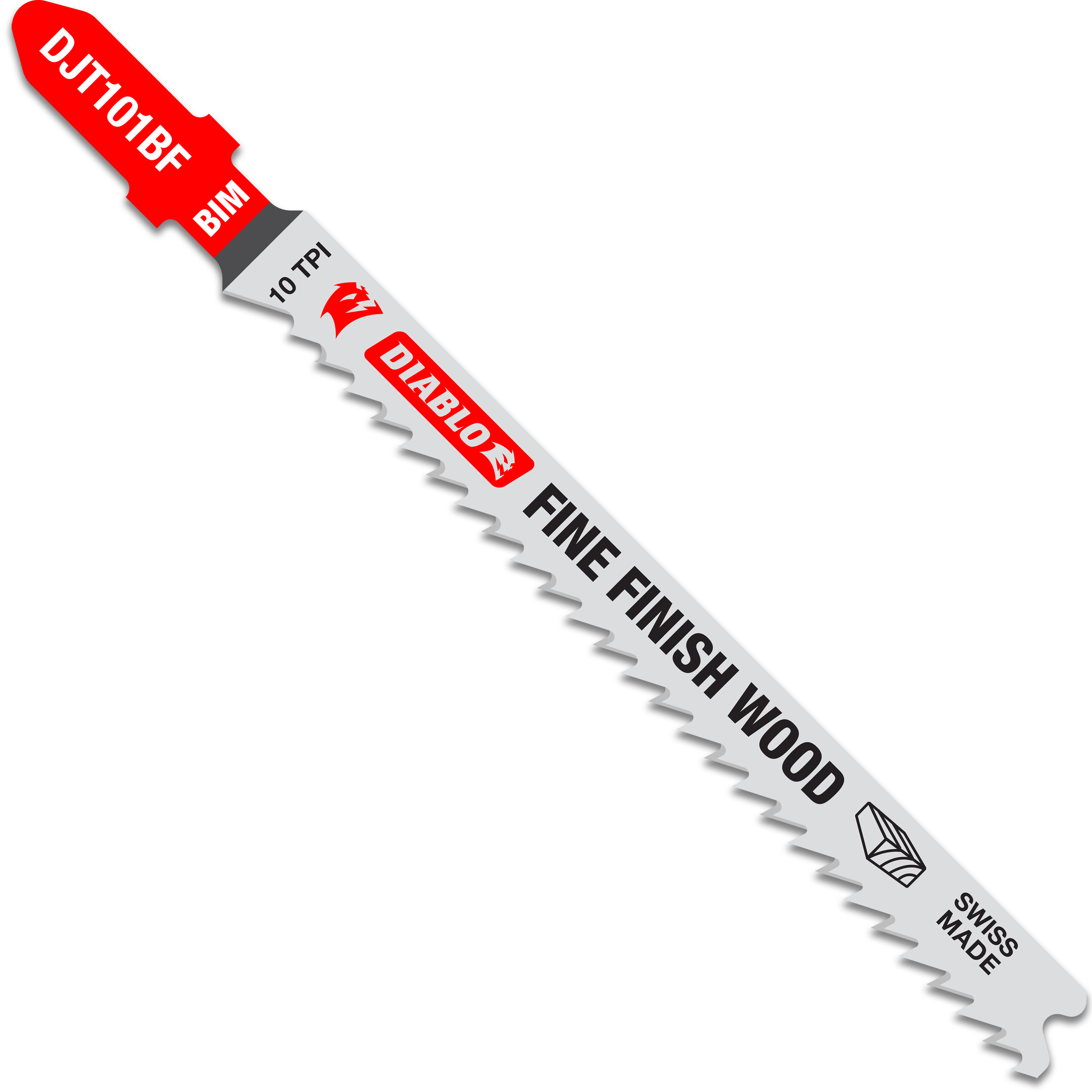 Diablo bi-metal T-shank jig saw blade with red handle, 10 TPI teeth, and "Fine Finish Wood" marking on silver blade.