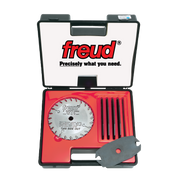 Freud SD306 safety dado set containing 6-inch saw blade, multiple chippers, spacers, and wrench in carrying case.