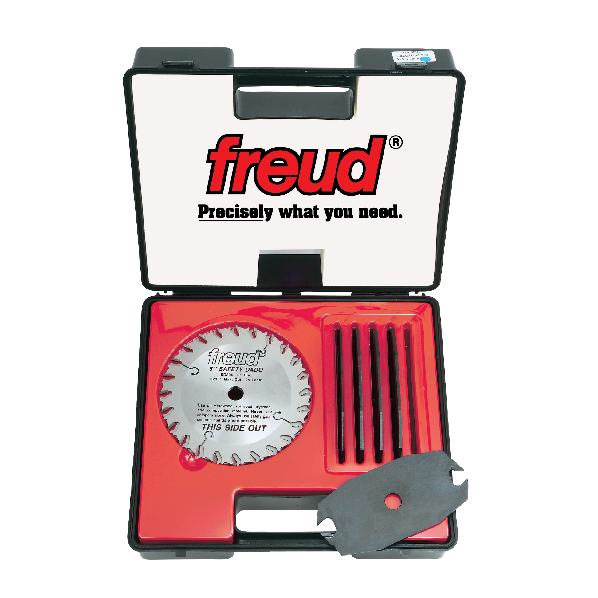 Freud SD306 safety dado set containing 6-inch saw blade, multiple chippers, spacers, and wrench in carrying case.
