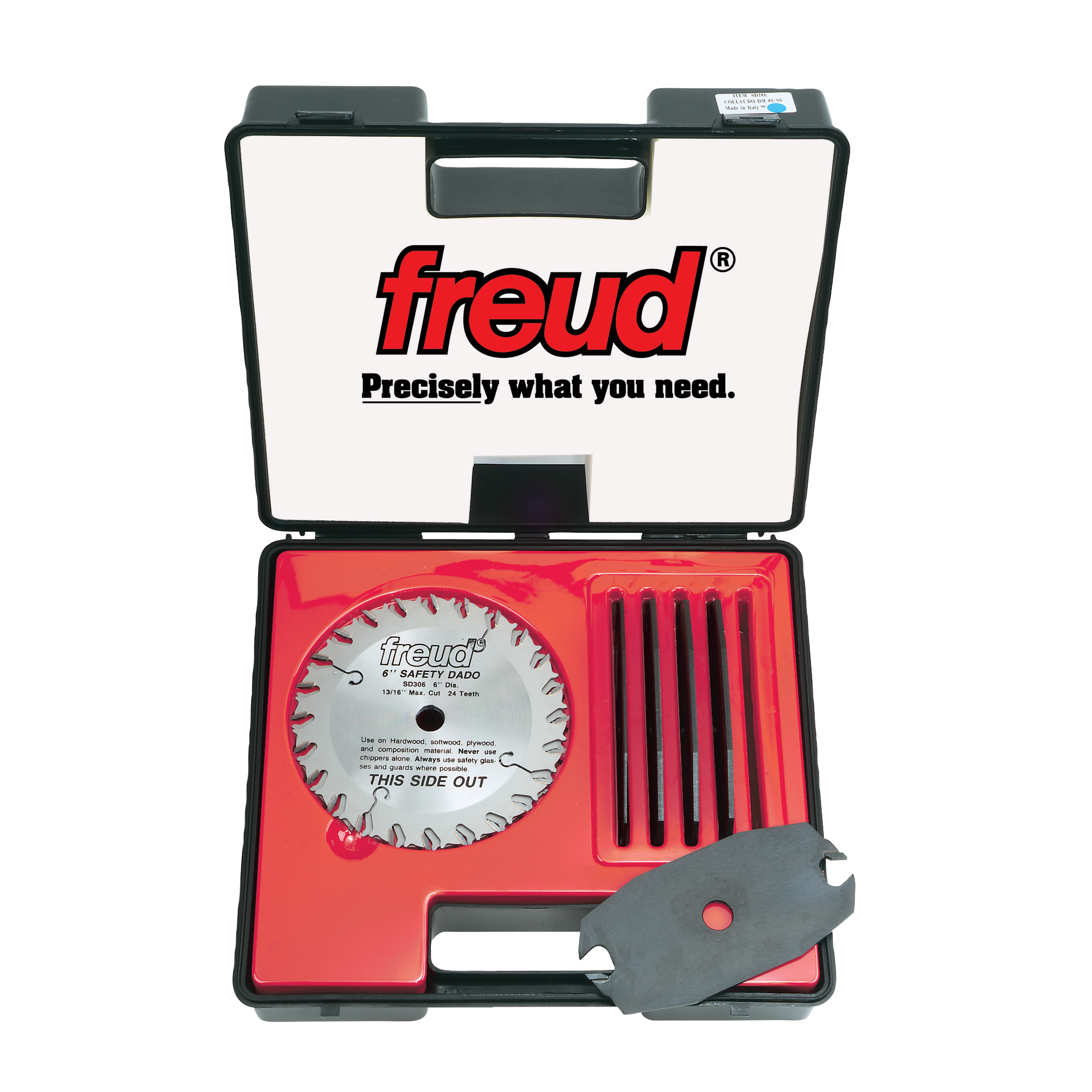Freud SD306 safety dado set containing 6-inch saw blade, multiple chippers, spacers, and wrench in carrying case.