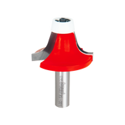 Red and white round over bowl router bit with gray metal shank and black collet on white background.
