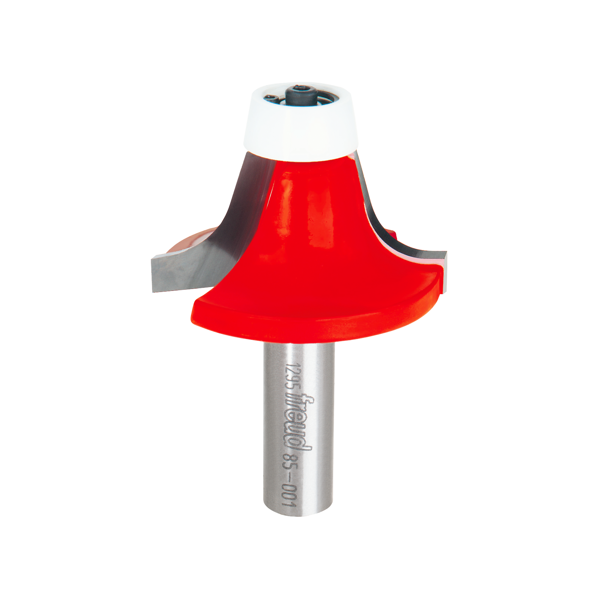 Red and white round over bowl router bit with gray metal shank and black collet on white background.