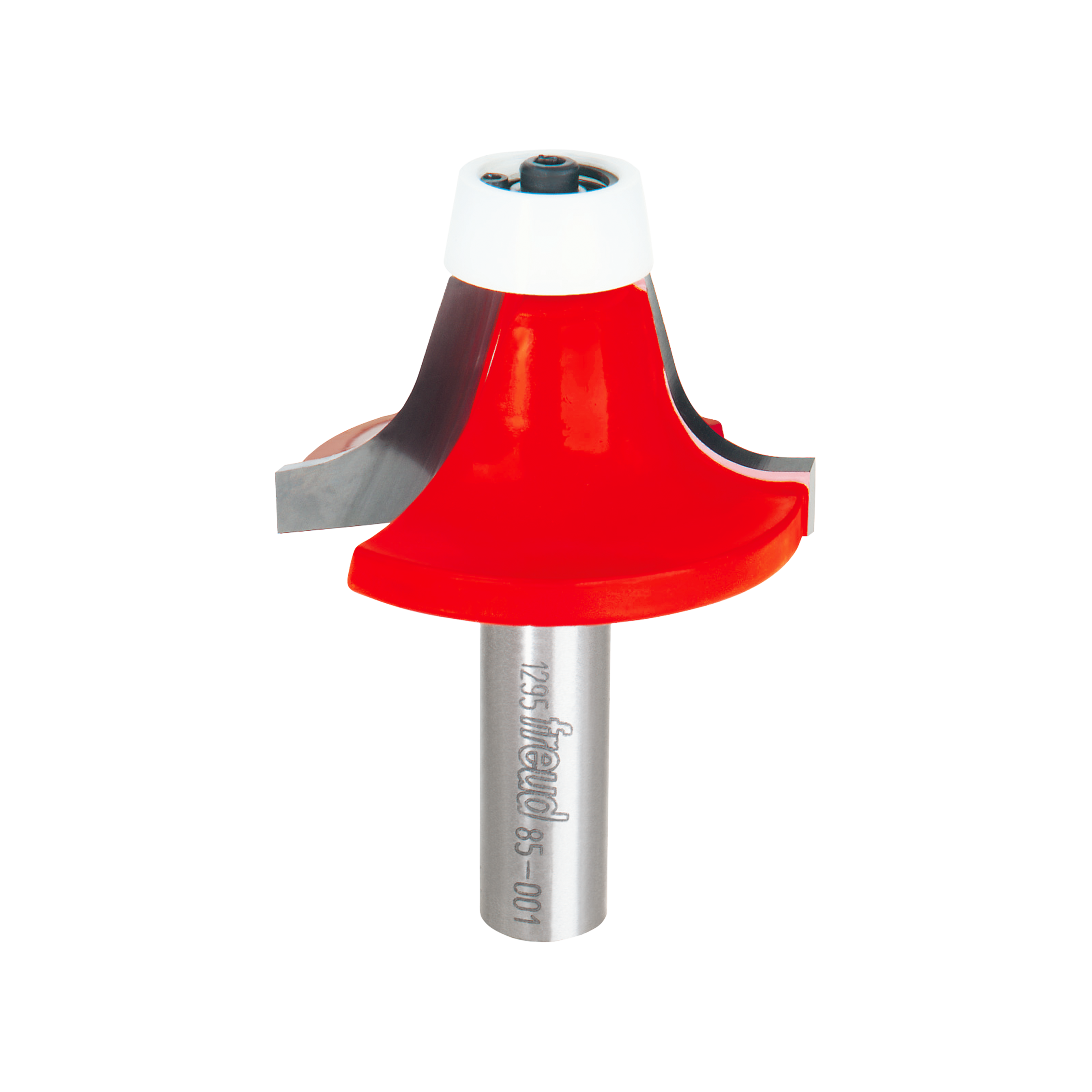 Red and white round over bowl router bit with gray metal shank and black collet on white background.