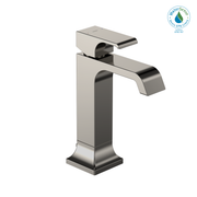 Polished nickel single-handle bathroom sink faucet with curved spout and square base.