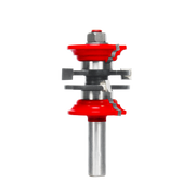Router bit system with red cutting heads and gray metal shank with interchangeable components.