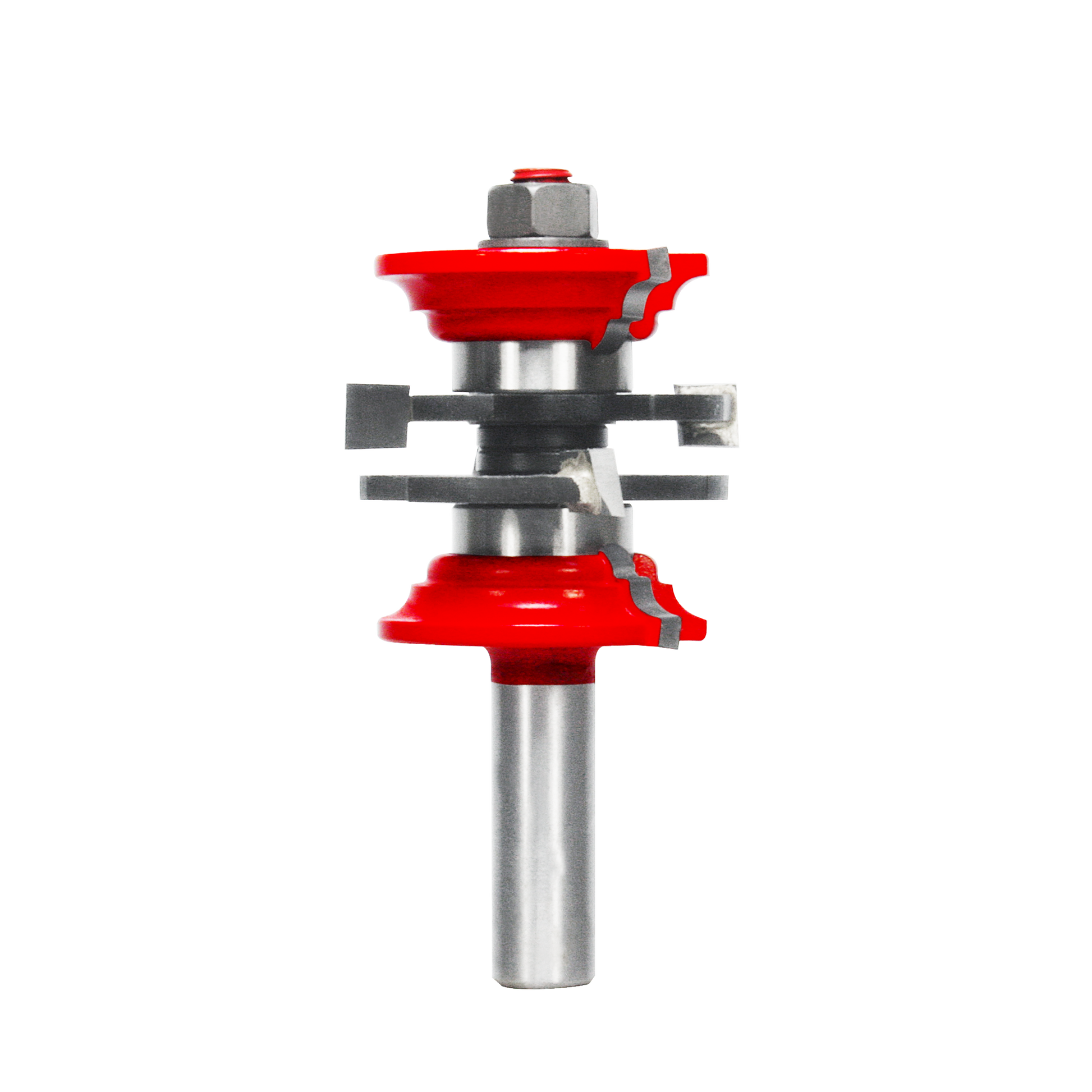 Router bit system with red cutting heads and gray metal shank with interchangeable components.