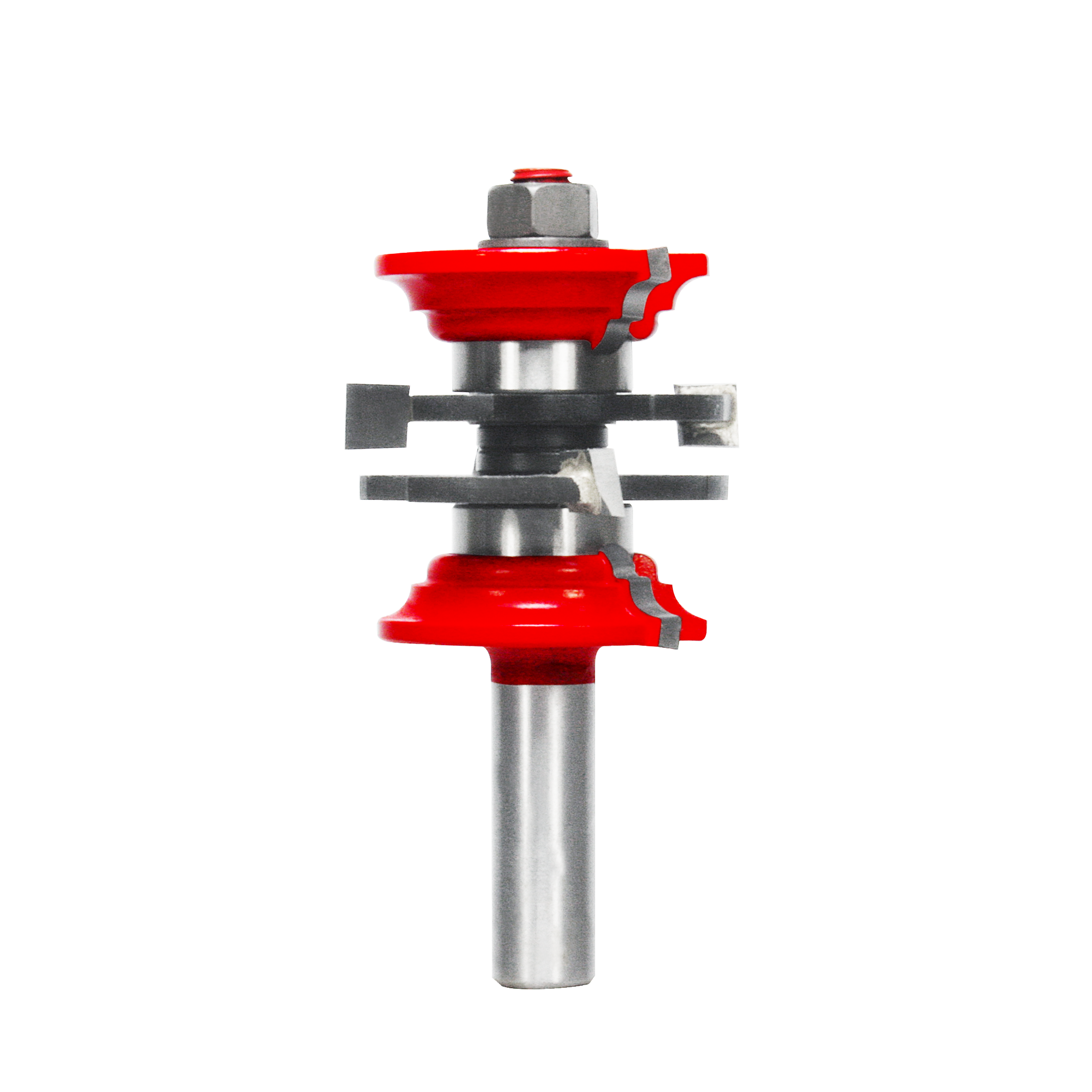 Router bit system with red cutting heads and gray metal shank with interchangeable components.