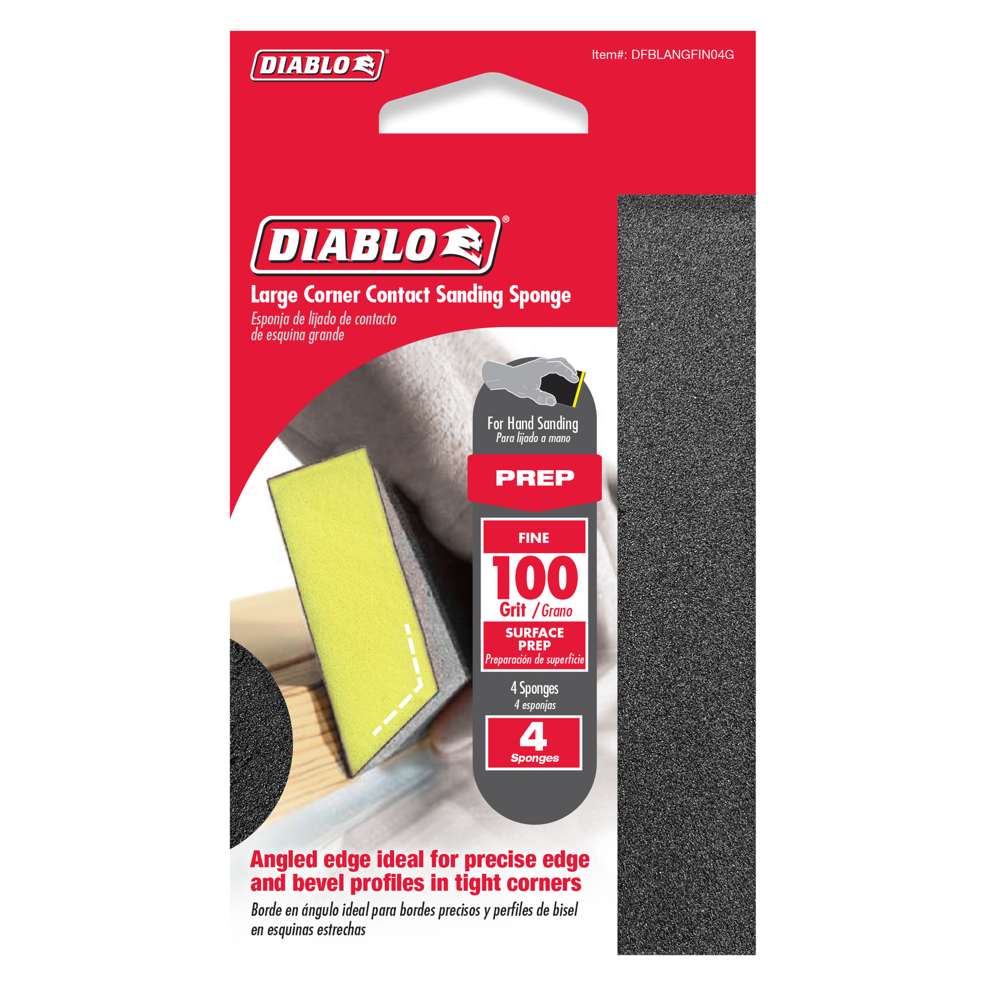 Four 100-grit fine sanding sponges with angled edges for corner and edge sanding.