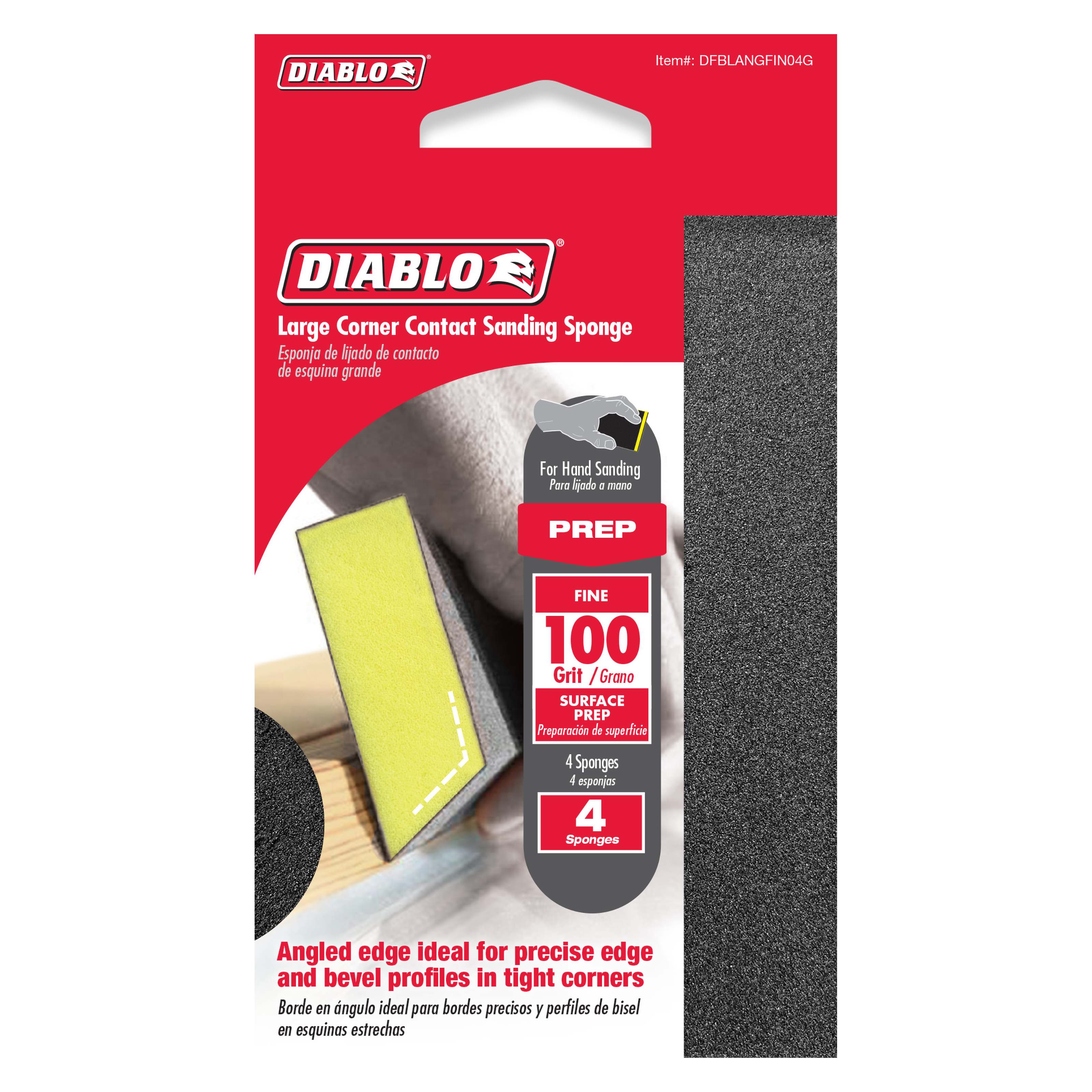 Four 100-grit fine sanding sponges with angled edges for corner and edge sanding.