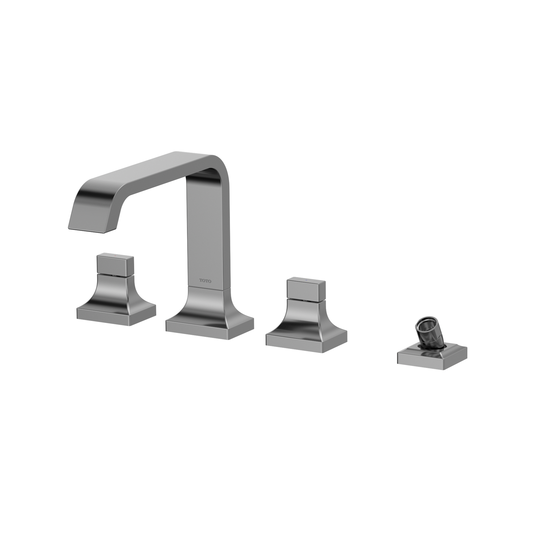 Polished chrome two-handle roman tub filler with curved spout and detachable handshower on square bases.