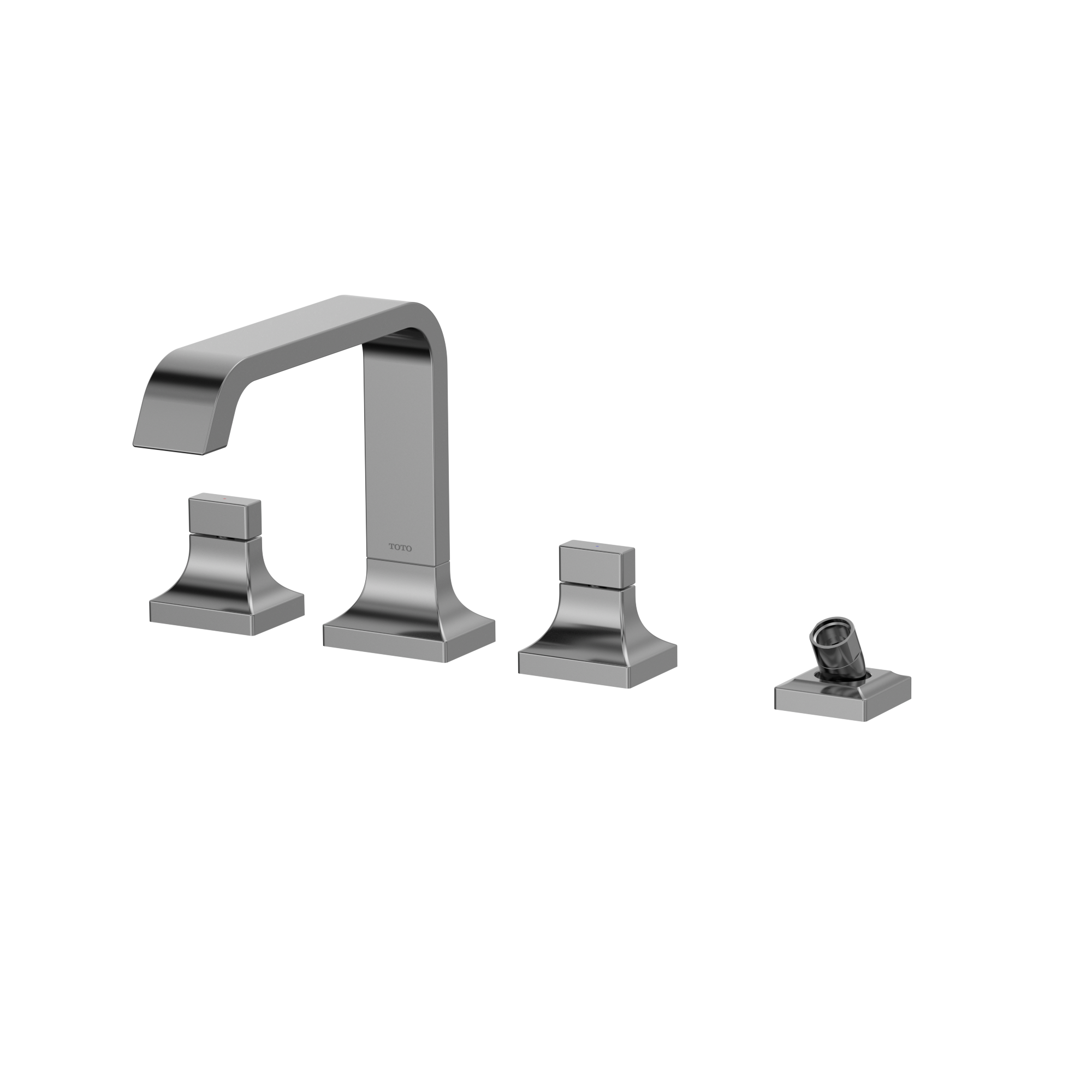 Polished chrome two-handle roman tub filler with curved spout and detachable handshower on square bases.
