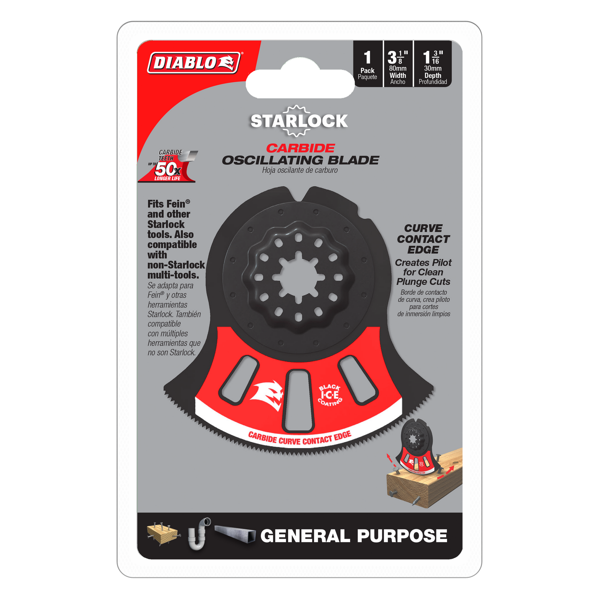 Diablo Starlock carbide oscillating blade with curved contact edge and black ice coating in packaging.