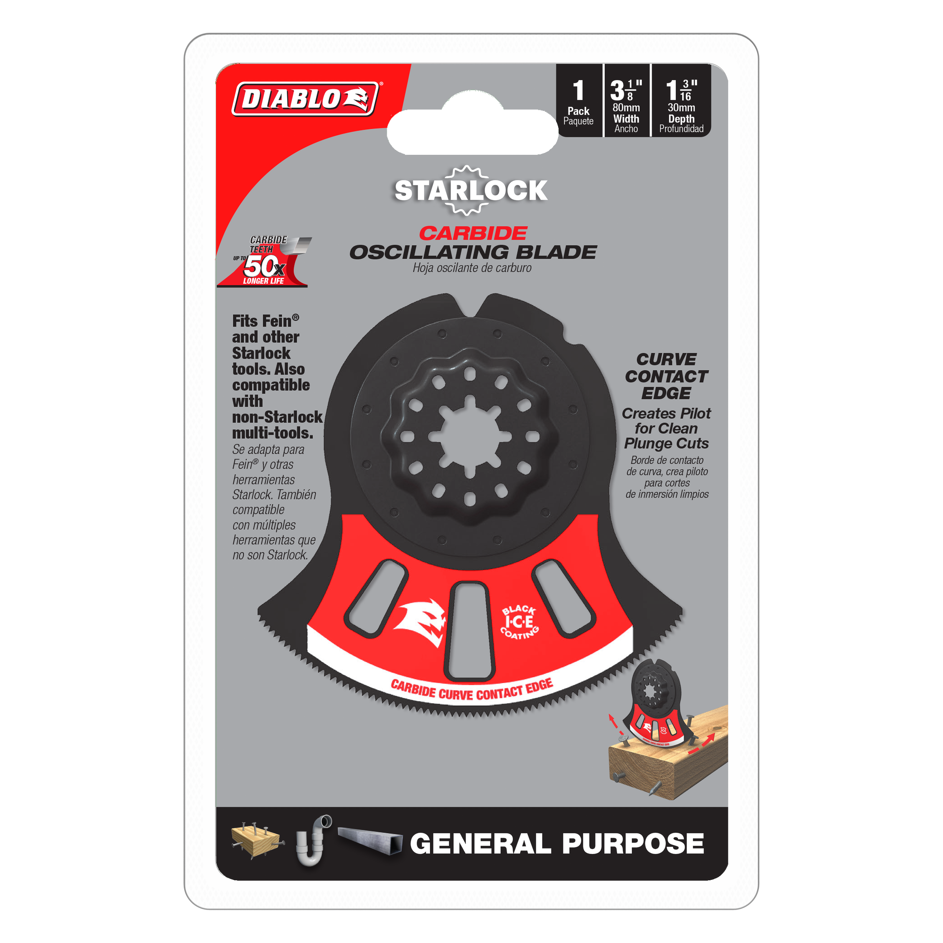 Diablo Starlock carbide oscillating blade with curved contact edge and black ice coating in packaging.
