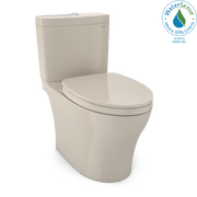 Bone-colored two-piece elongated toilet with soft-close seat and matching tank.