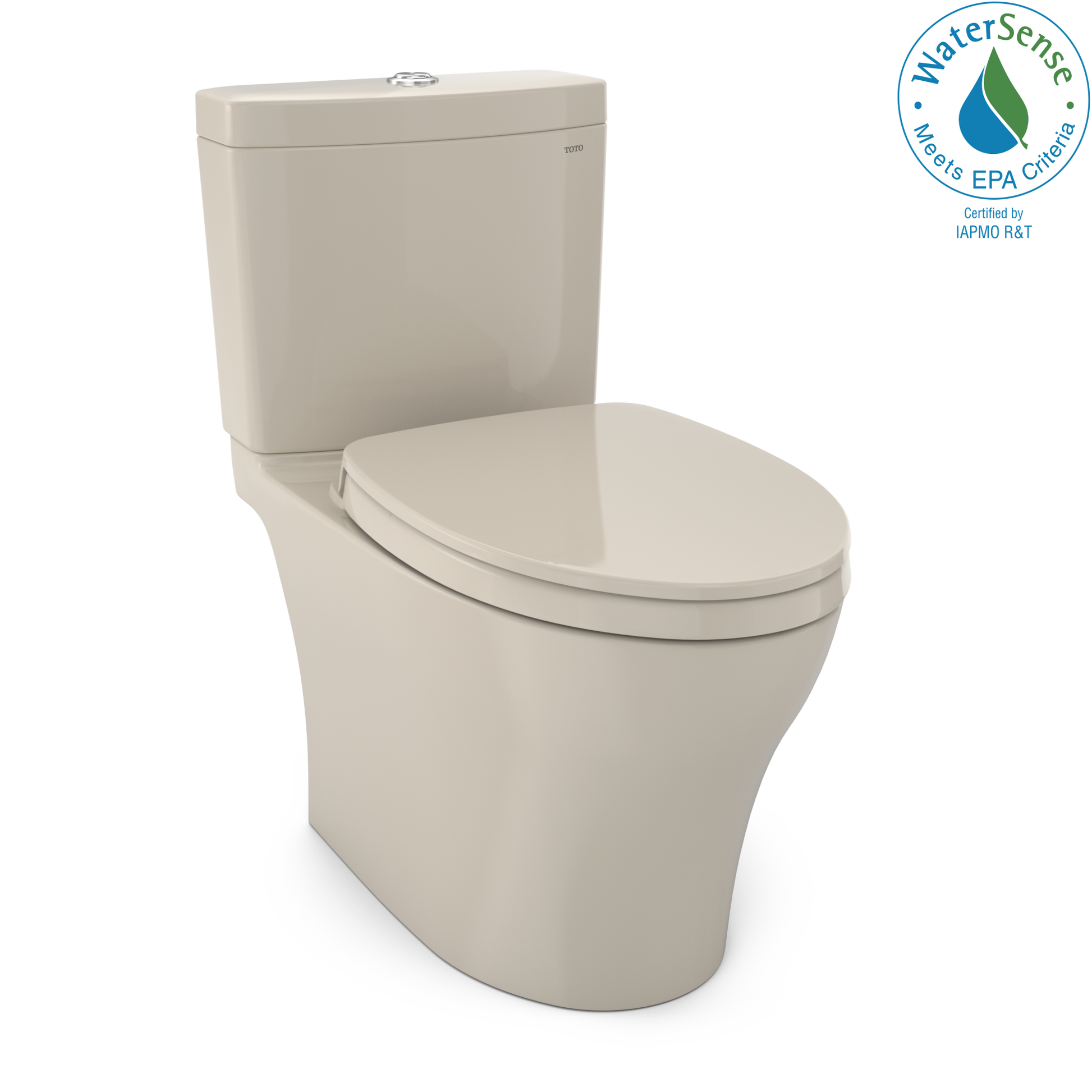 Bone-colored two-piece elongated toilet with soft-close seat and matching tank.