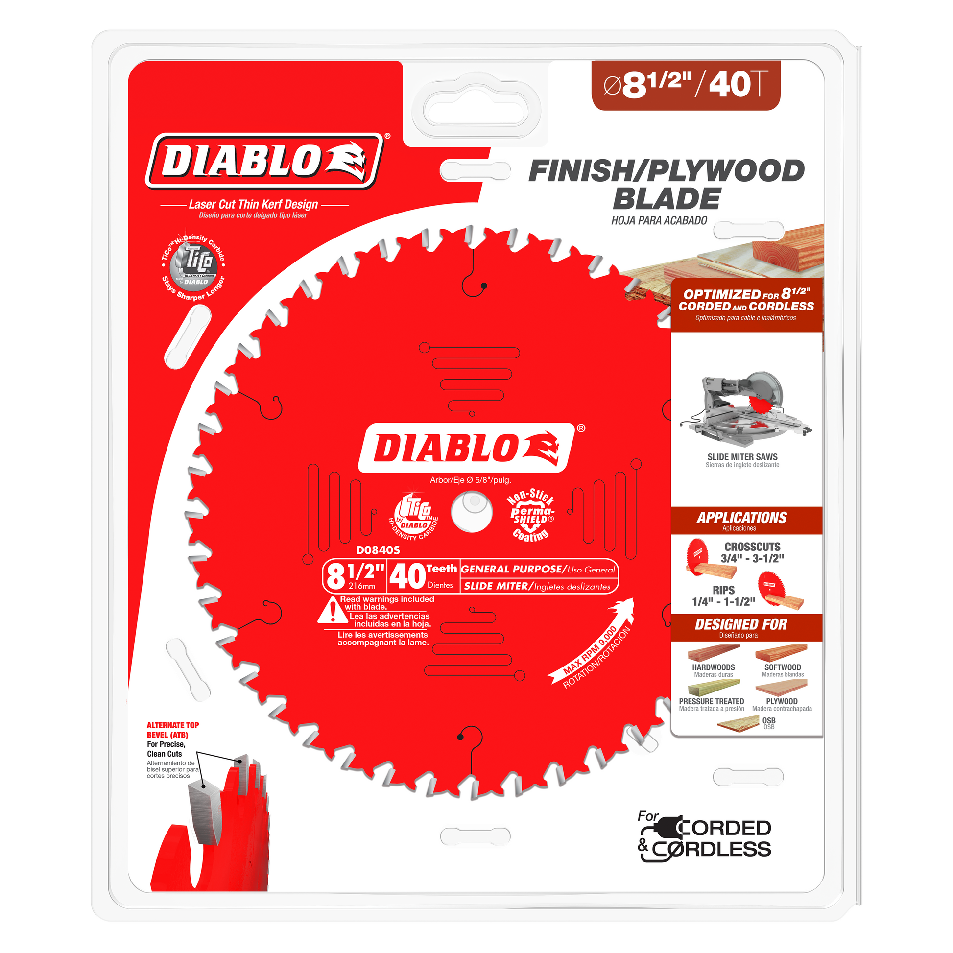 Diablo 8-1/2 inch 40-tooth circular saw blade with red body and silver teeth in clear packaging.