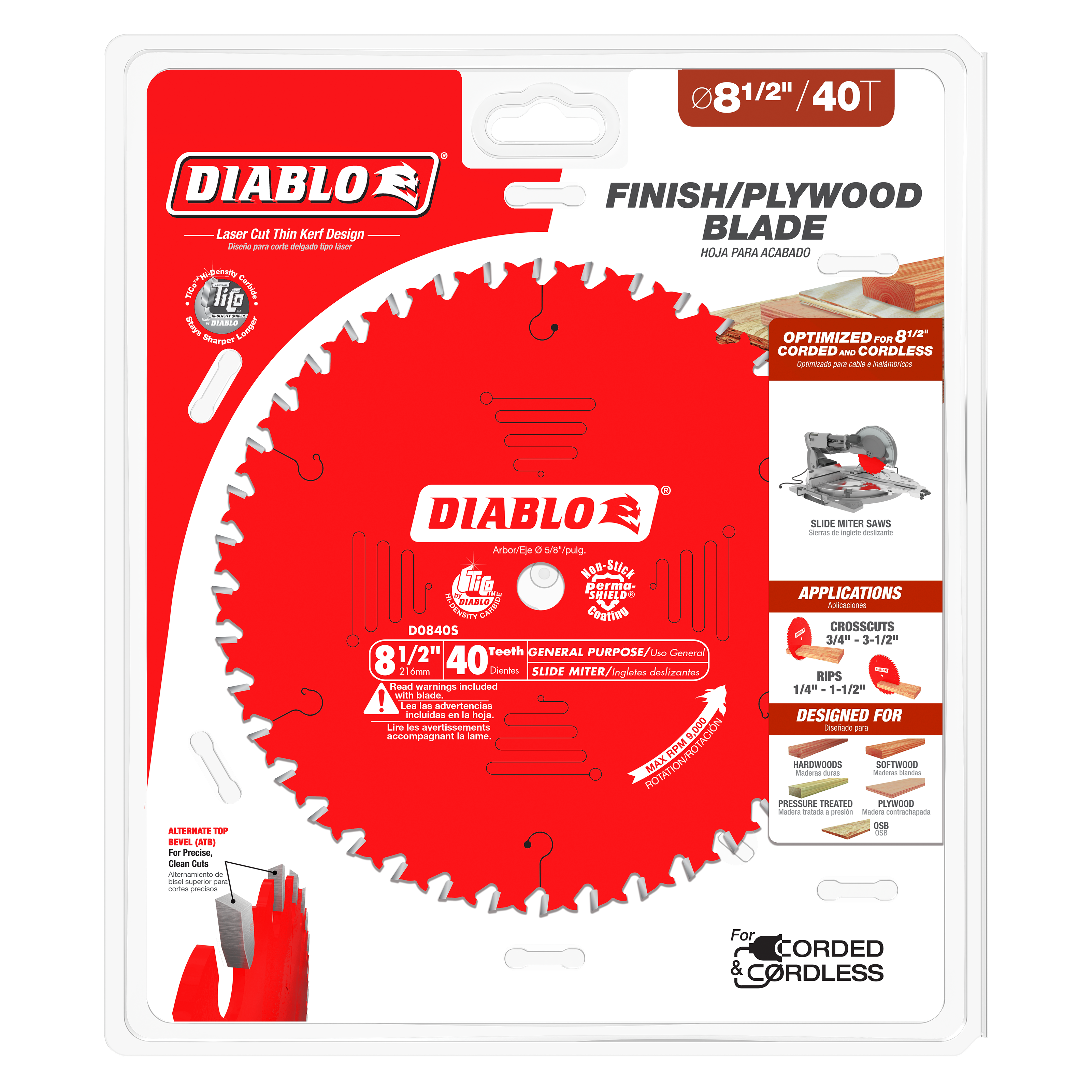 Diablo 8-1/2 inch 40-tooth circular saw blade with red body and silver teeth in clear packaging.