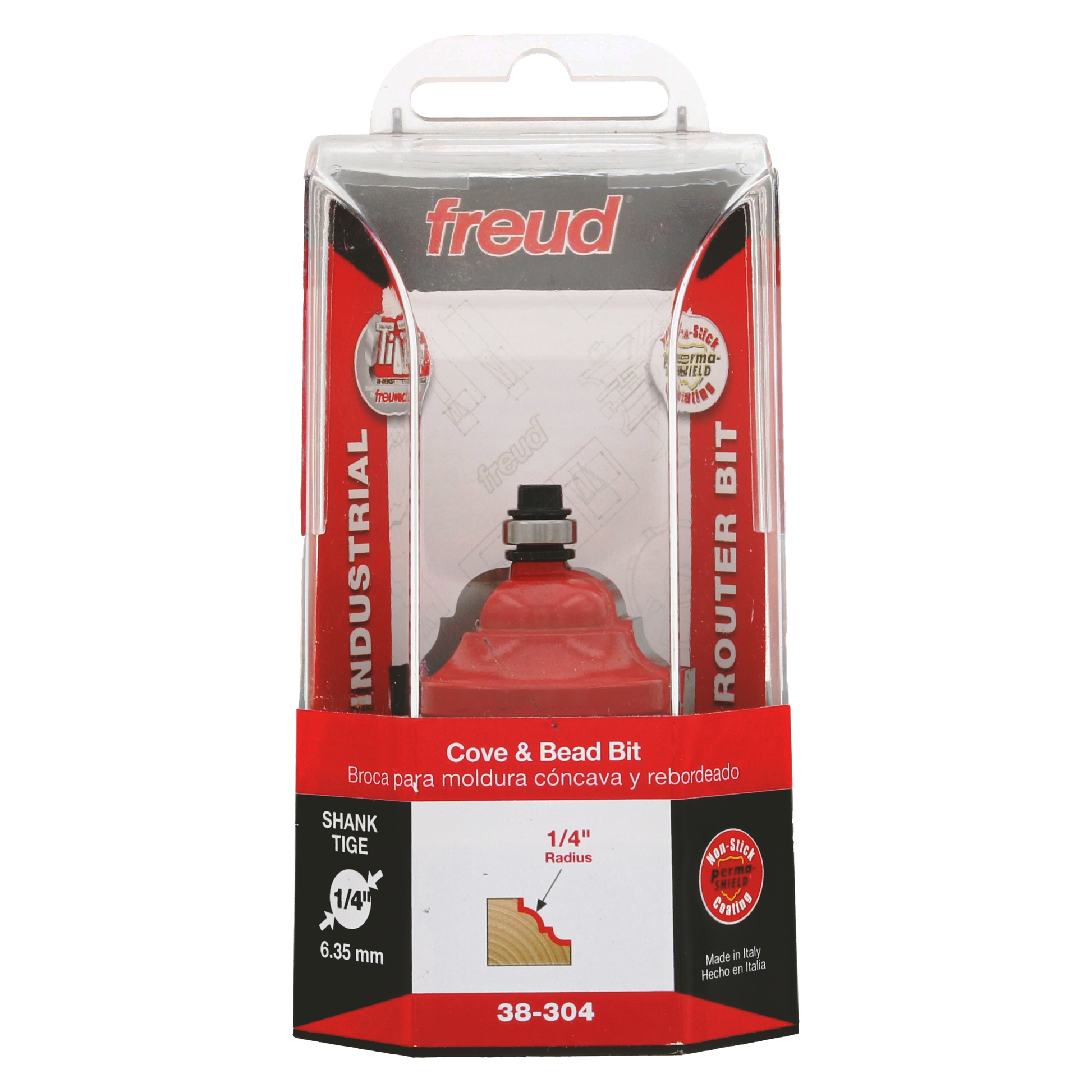 Freud 38-304 cove and bead router bit with 1/4" shank in clear plastic clamshell packaging.