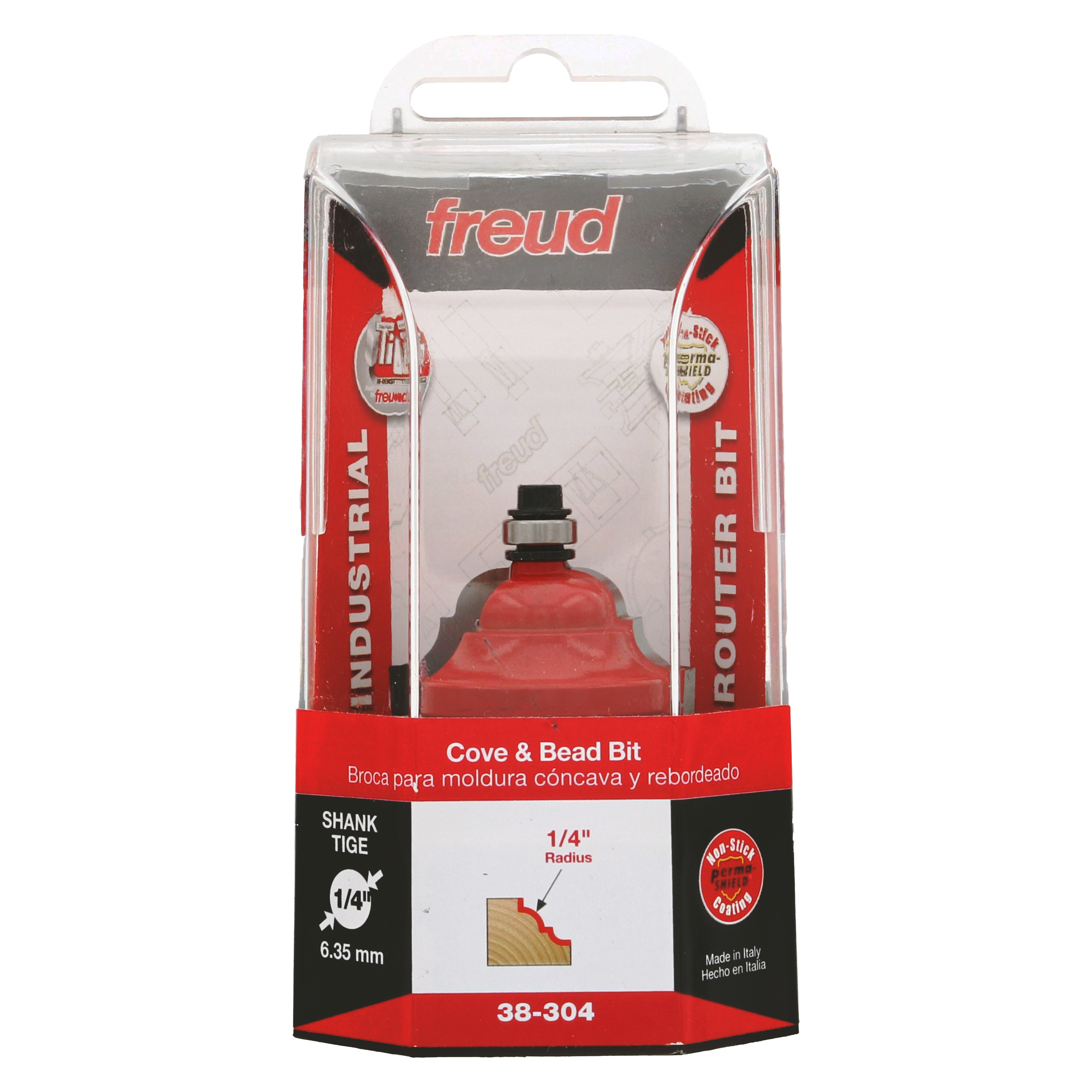 Freud 38-304 cove and bead router bit with 1/4" shank in clear plastic clamshell packaging.