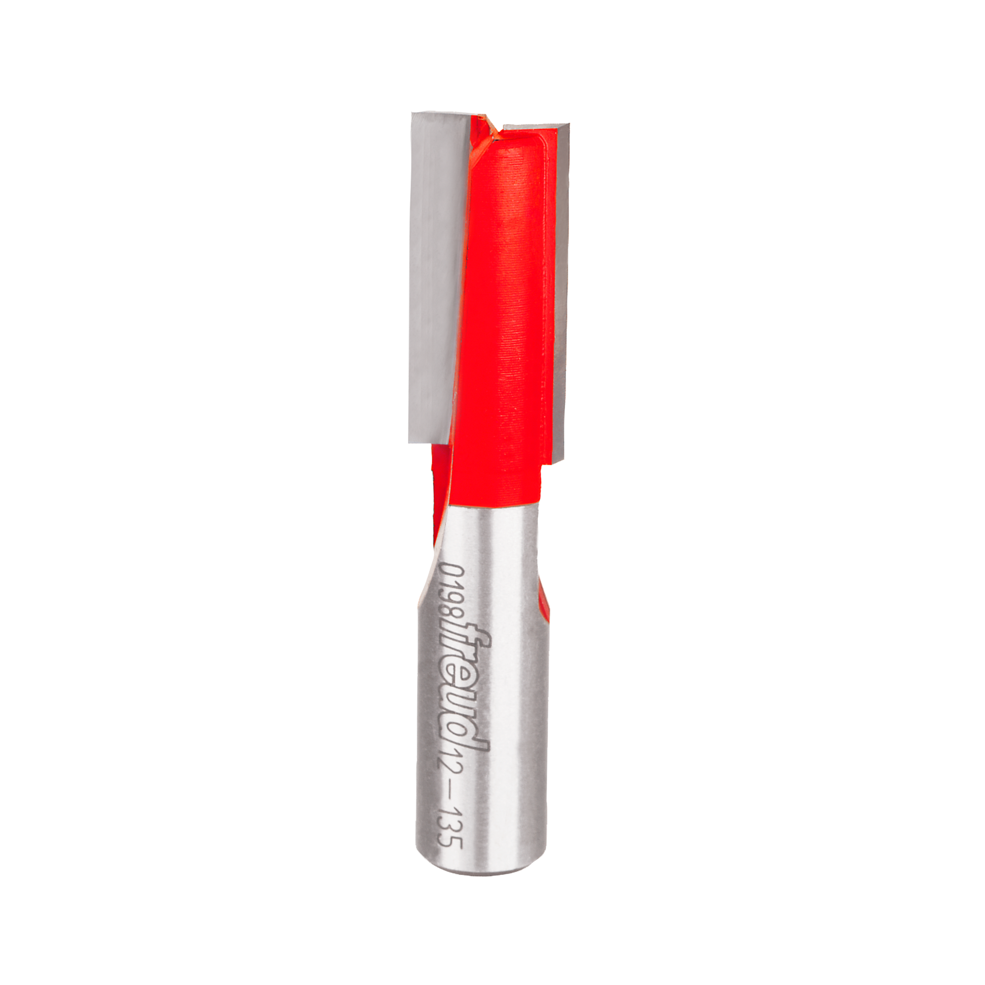 Freud straight router bit with red body, silver carbide cutting head, and metal shank marked with model number.