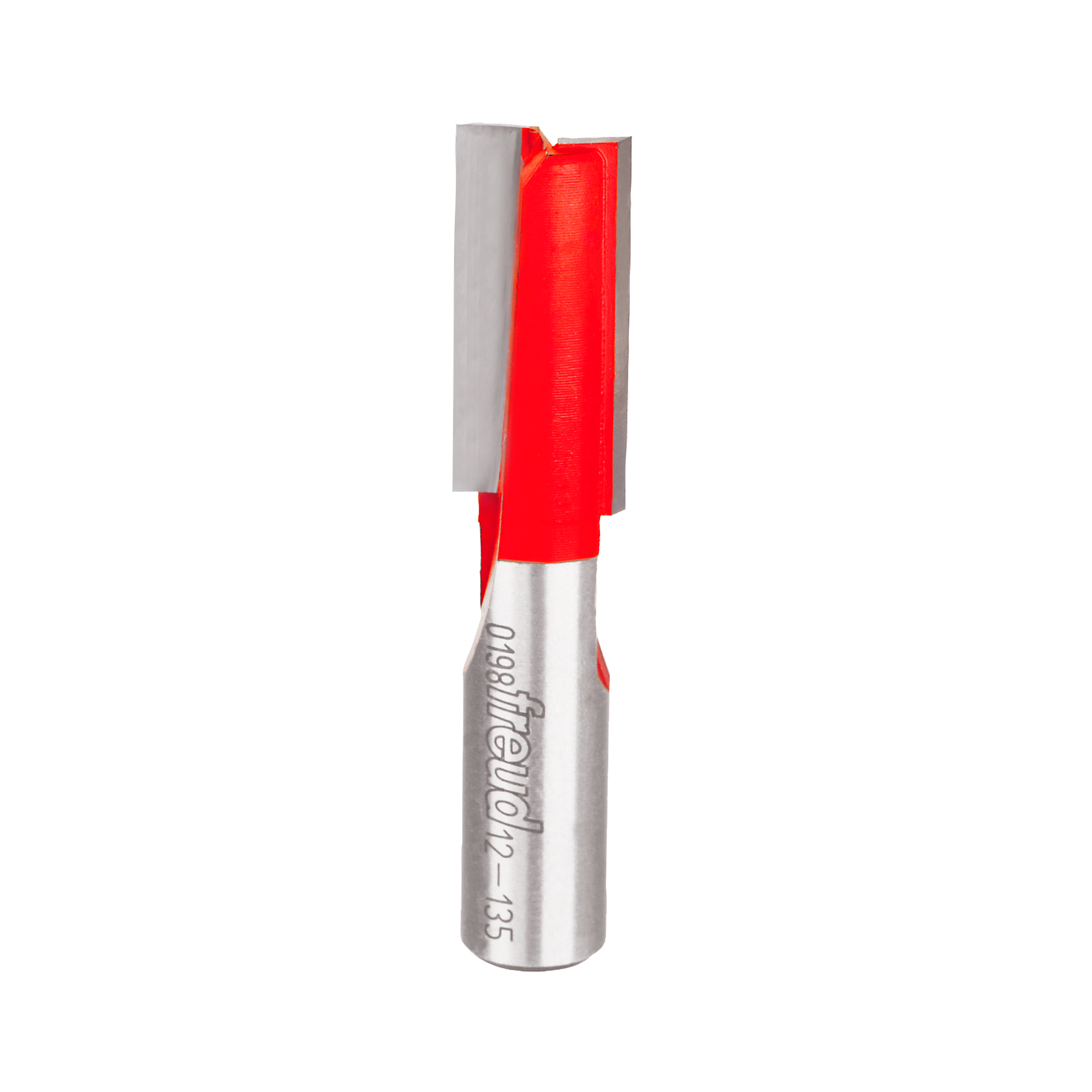Freud straight router bit with red body, silver carbide cutting head, and metal shank marked with model number.