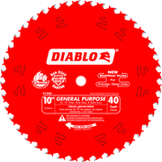 Red circular saw blade with 40 teeth, center arbor hole, and white Diablo branding on bright red surface.