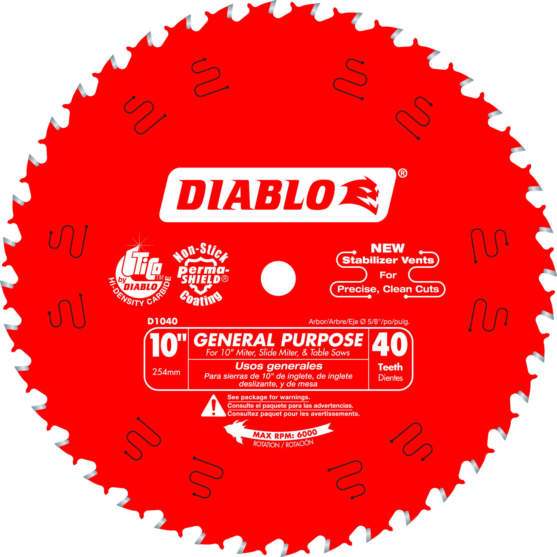Red circular saw blade with 40 teeth, center arbor hole, and white Diablo branding on bright red surface.
