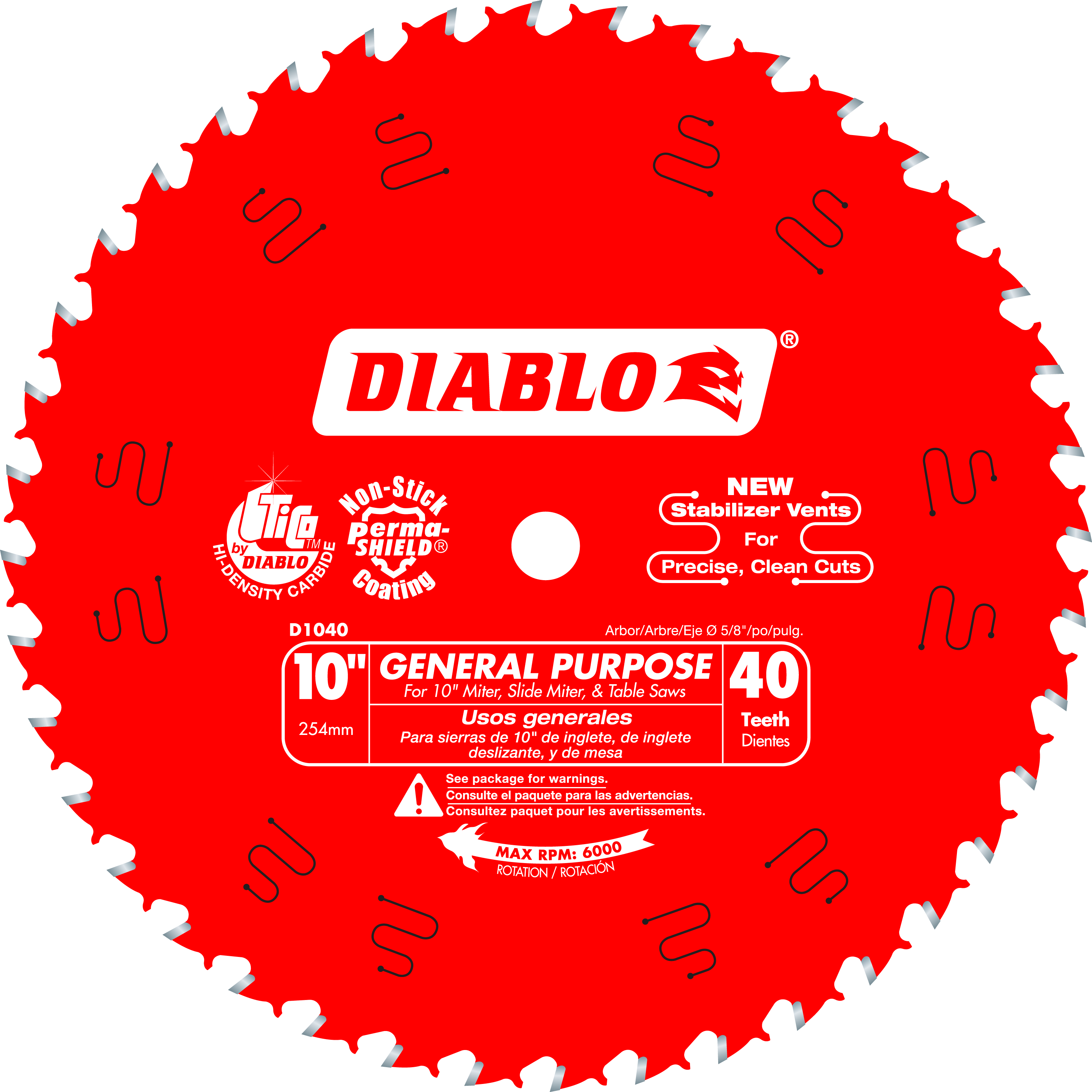 Red circular saw blade with 40 teeth, center arbor hole, and white Diablo branding on bright red surface.