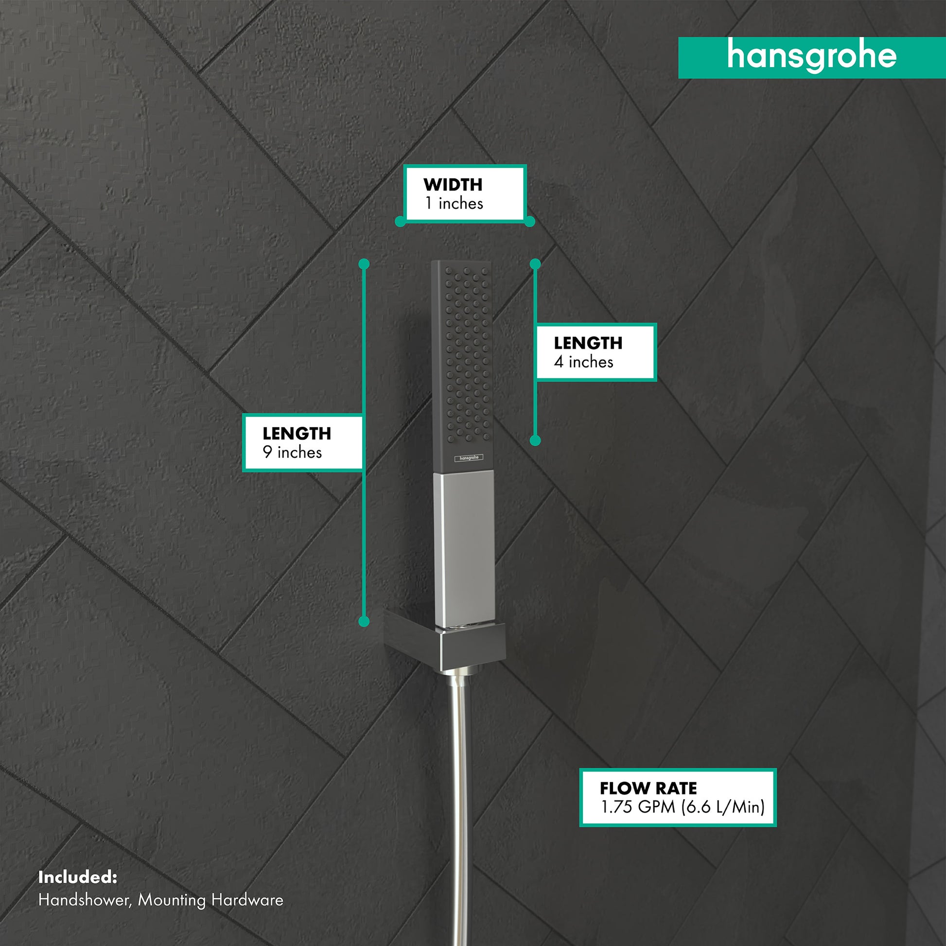 Chrome Hansgrohe Rainfinity Baton handshower with rectangular head, 1 inch wide, 4 inches long, displaying dimensions and 1.7
