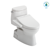 White elongated one-piece toilet with attached bidet seat featuring control panel on right side and tank-mounted lever handle