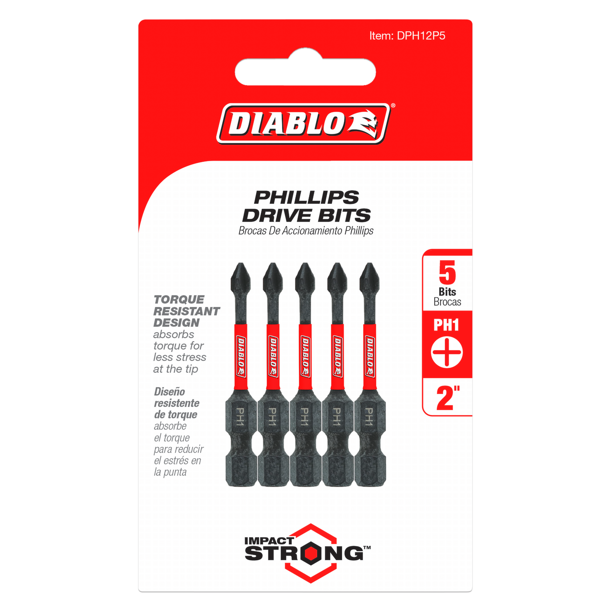 Five black and red Phillips #1 drive bits, 2 inches long, on red and white Diablo packaging.
