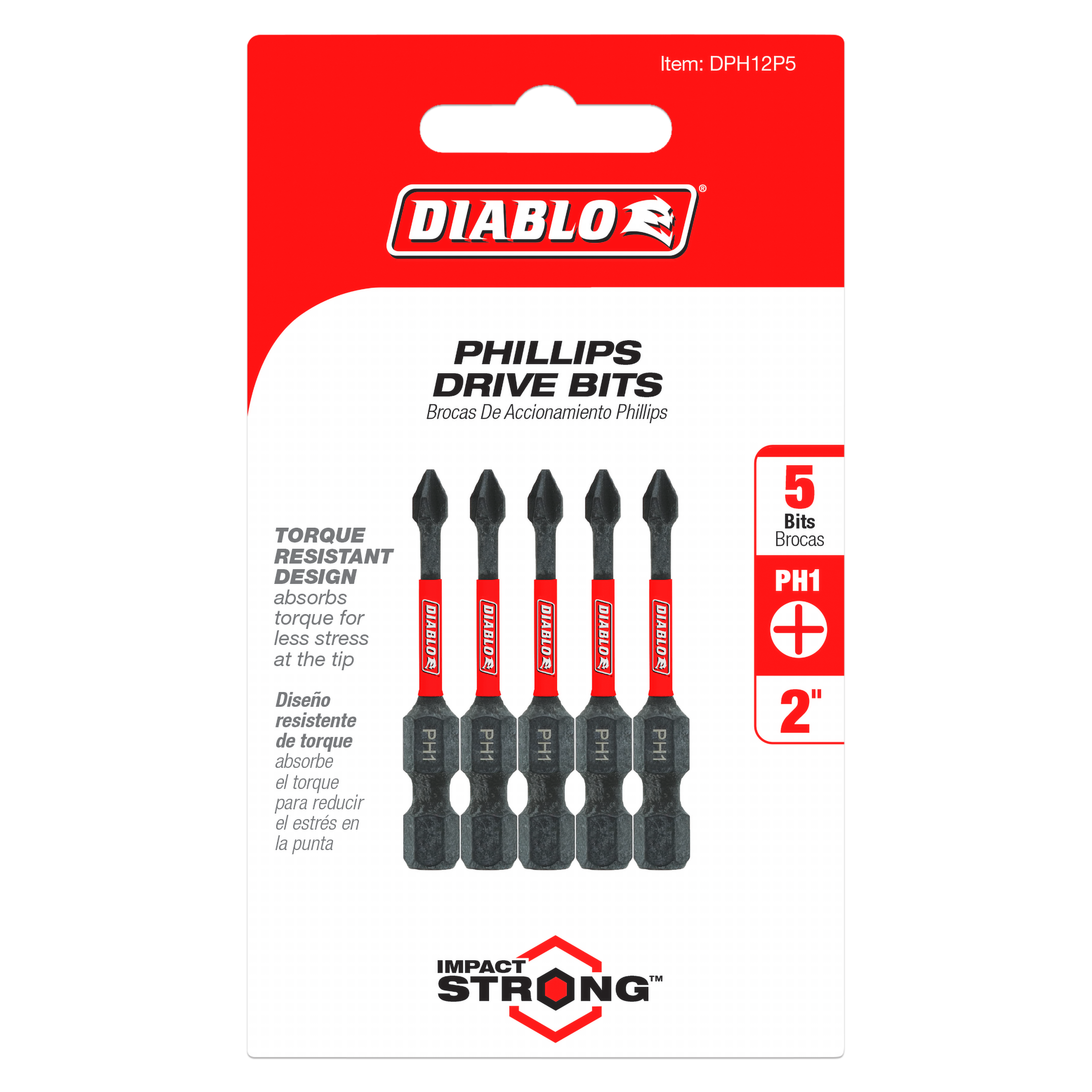 Five black and red Phillips #1 drive bits, 2 inches long, on red and white Diablo packaging.