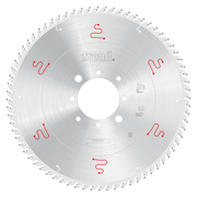 Freud 355mm circular saw blade with multiple teeth around perimeter, white center hub, and red markings on silver surface.