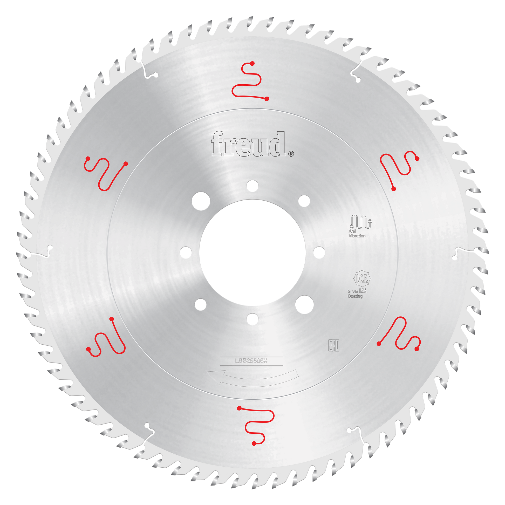 Freud 355mm circular saw blade with multiple teeth around perimeter, white center hub, and red markings on silver surface.