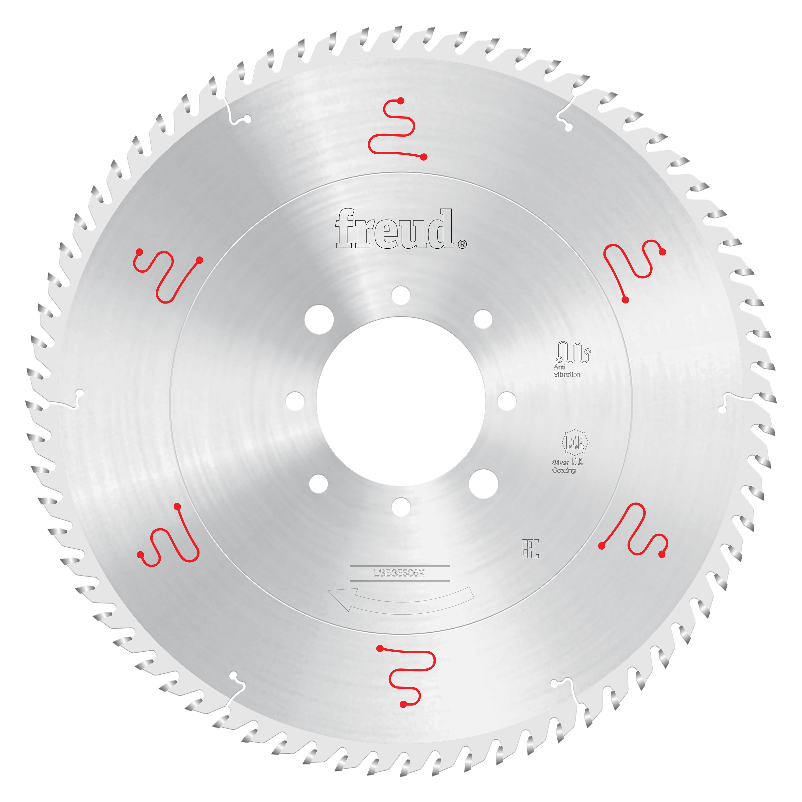 Freud 355mm circular saw blade with multiple teeth around perimeter, white center hub, and red markings on silver surface.