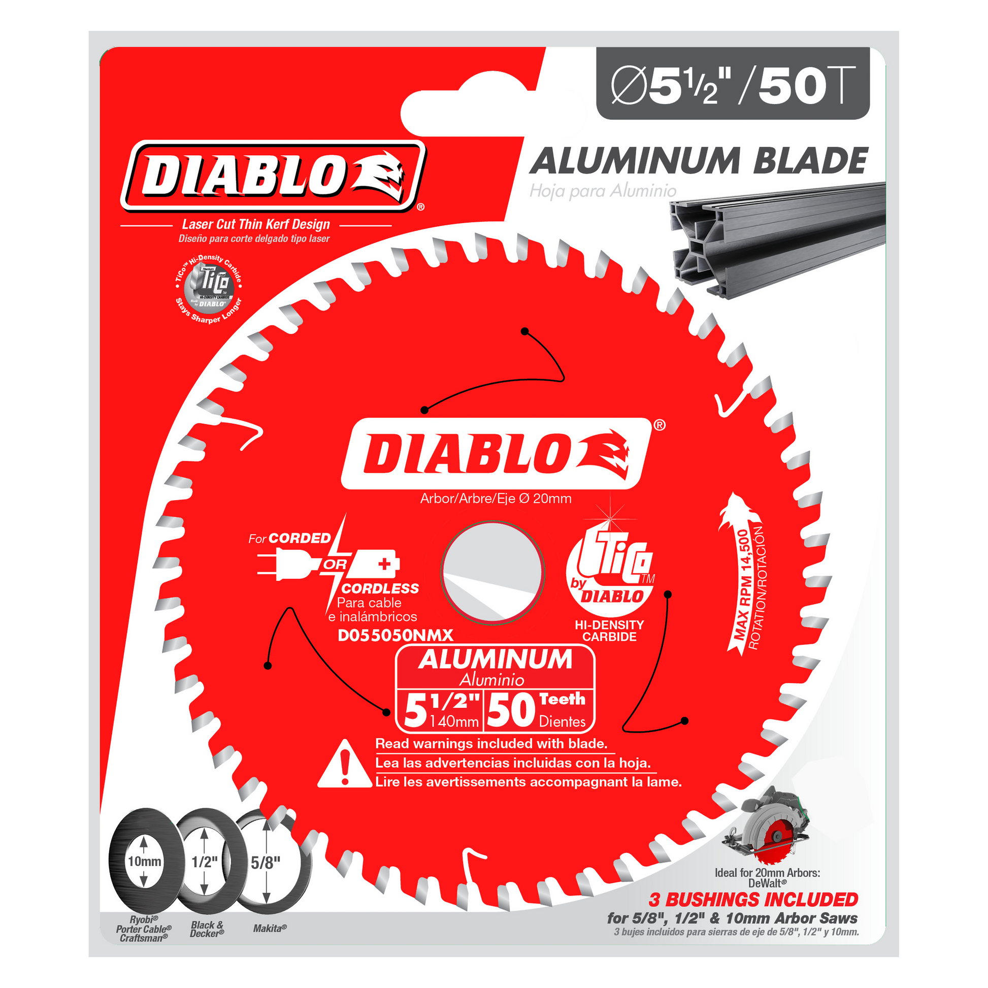Diablo red circular saw blade with 50 white teeth, 5-1/2 inch diameter, labeled for aluminum cutting.