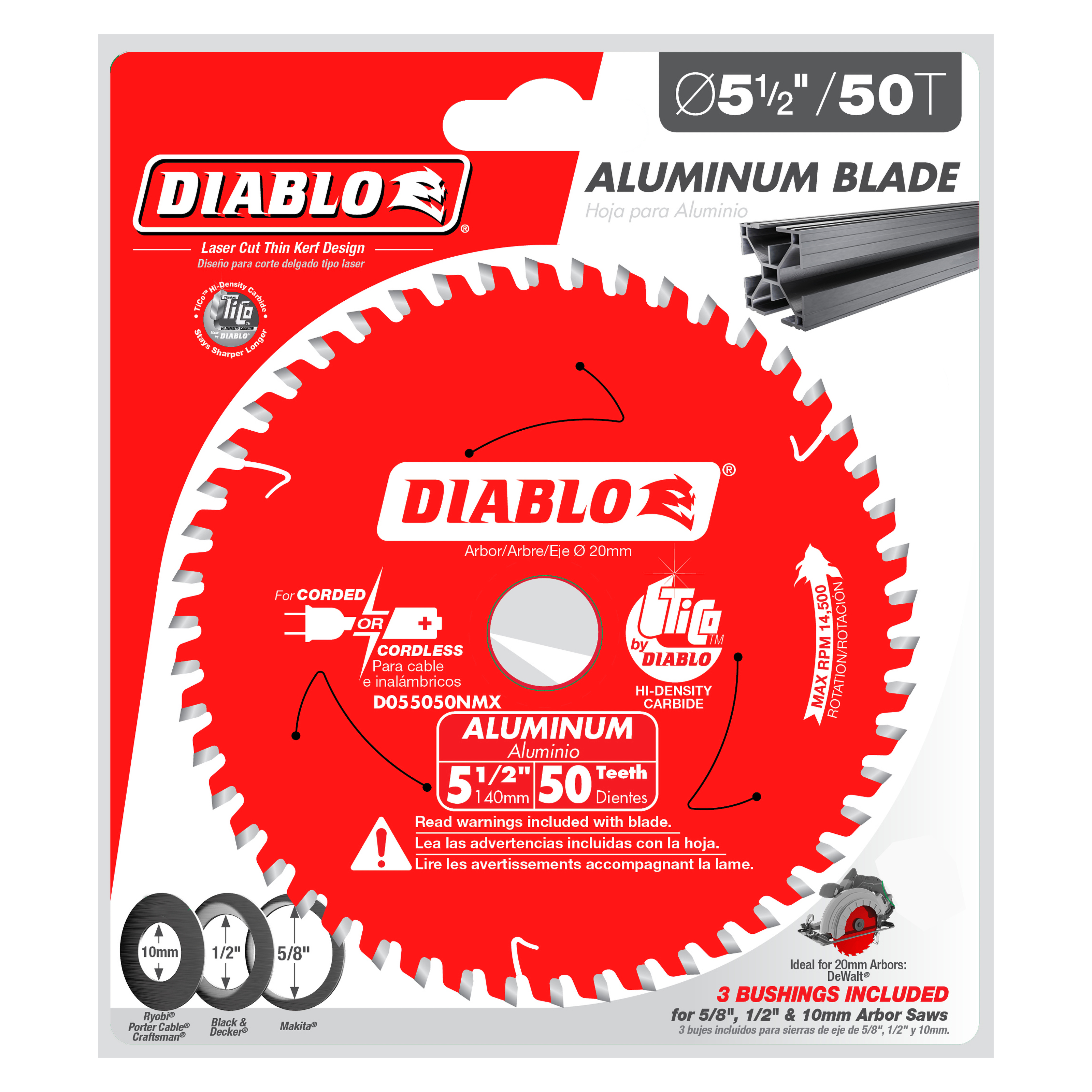 Diablo red circular saw blade with 50 white teeth, 5-1/2 inch diameter, labeled for aluminum cutting.