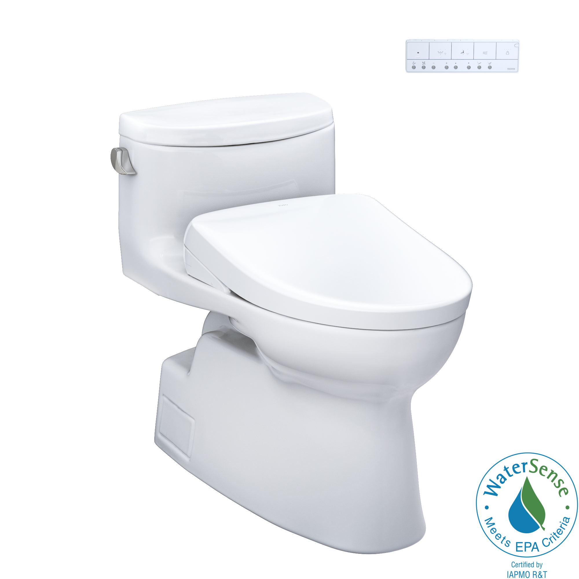 Toto Carolina II One Piece Elongated Universal Height Toilet with CEFIONTECT 1.28 GPF with Contemporary Washlet+ S7 Bidet Seat in Cotton White