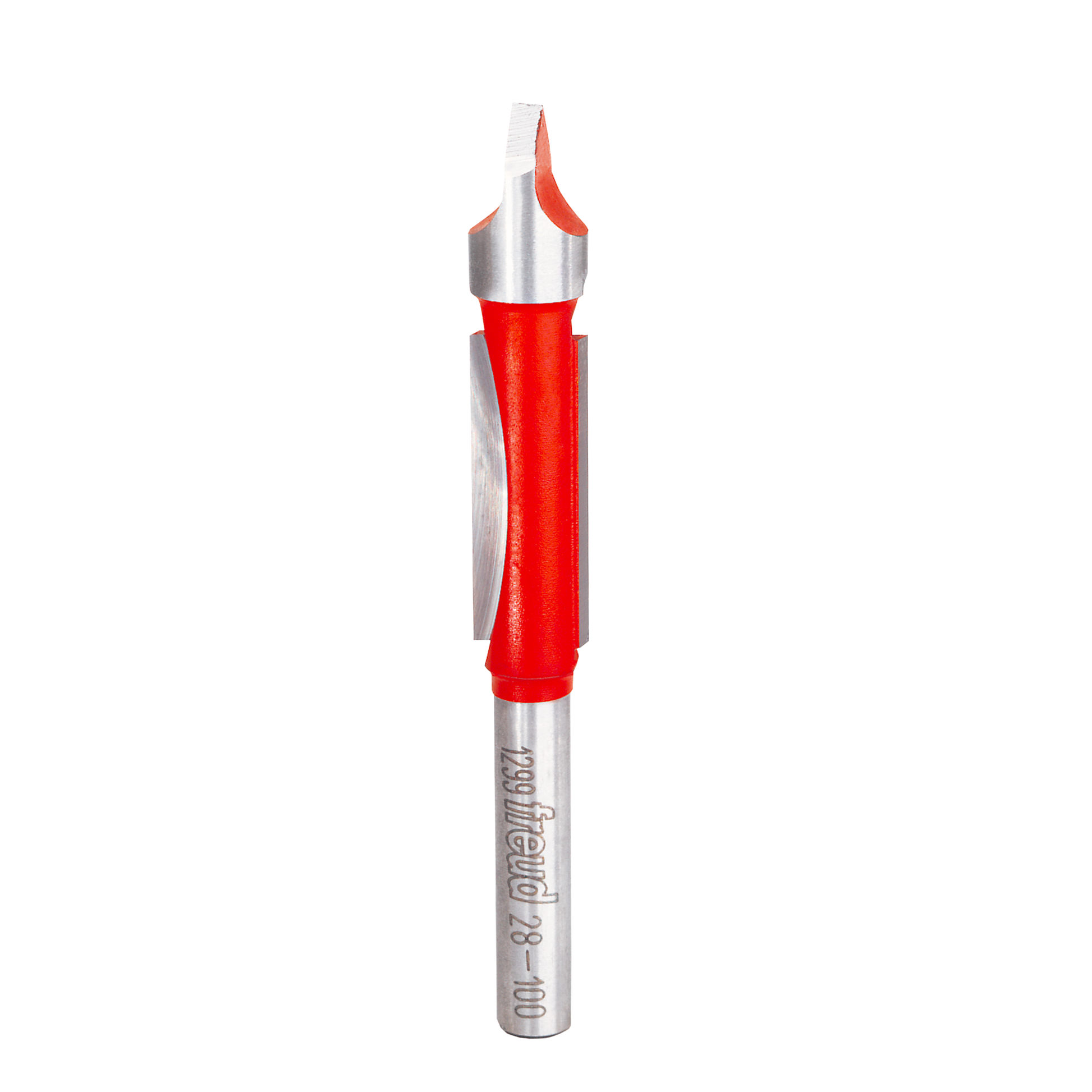 Metal panel pilot bit with red handle and silver shaft, featuring pointed tip and cutting edges.