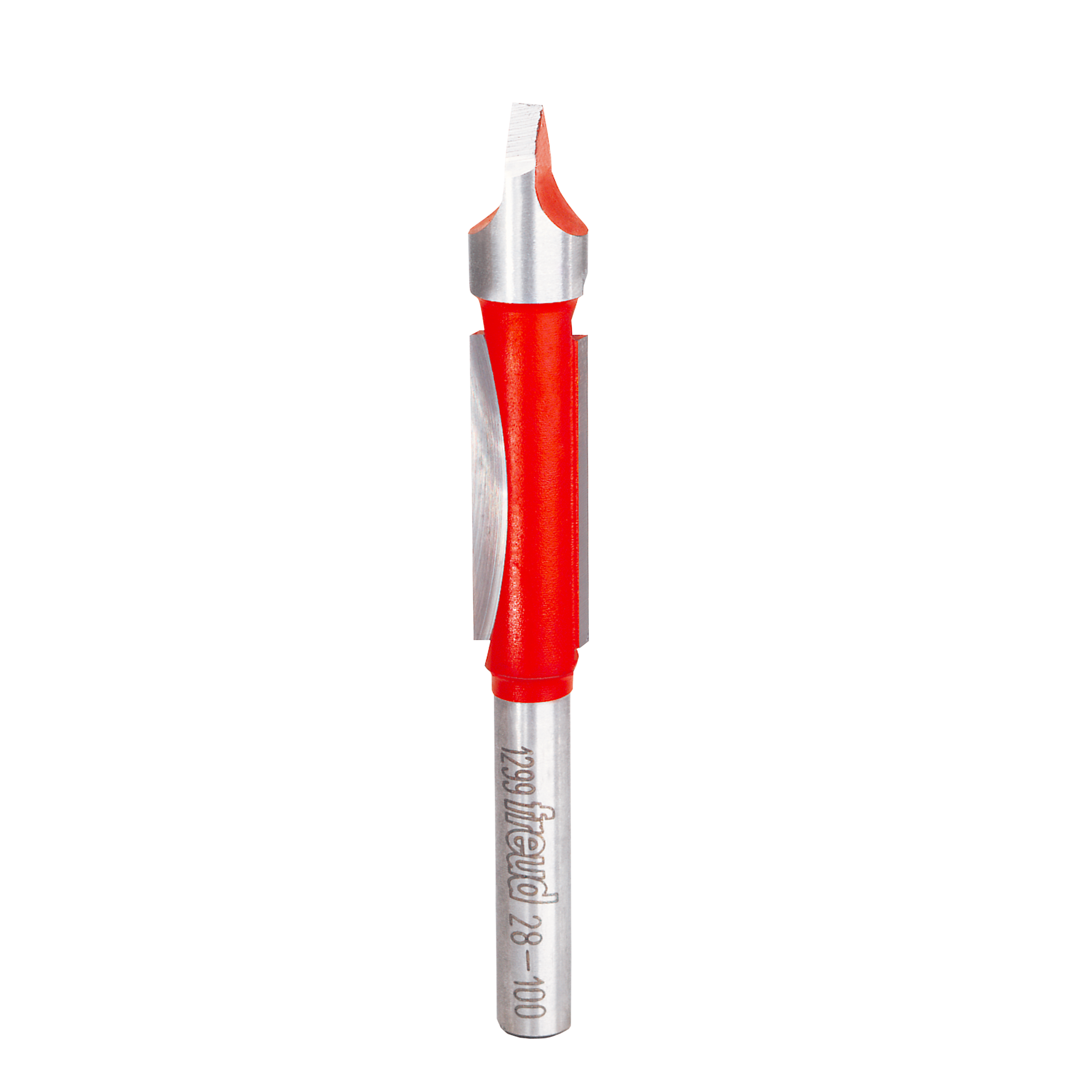 Metal panel pilot bit with red handle and silver shaft, featuring pointed tip and cutting edges.