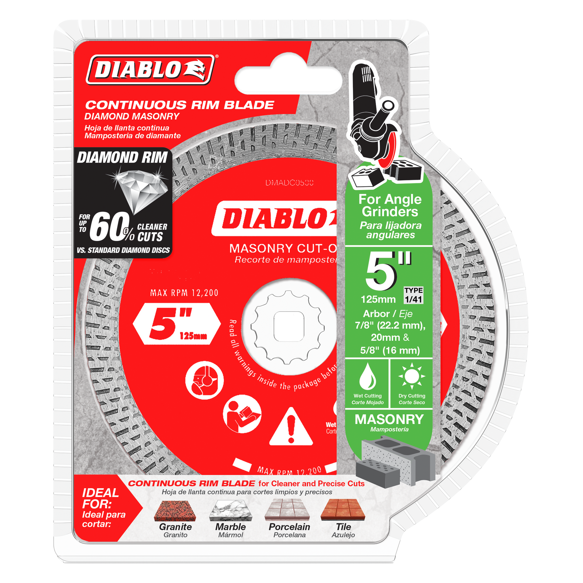 Diablo 5-inch diamond continuous rim cut-off disc for masonry in packaging showing specifications and angle grinder compatibi